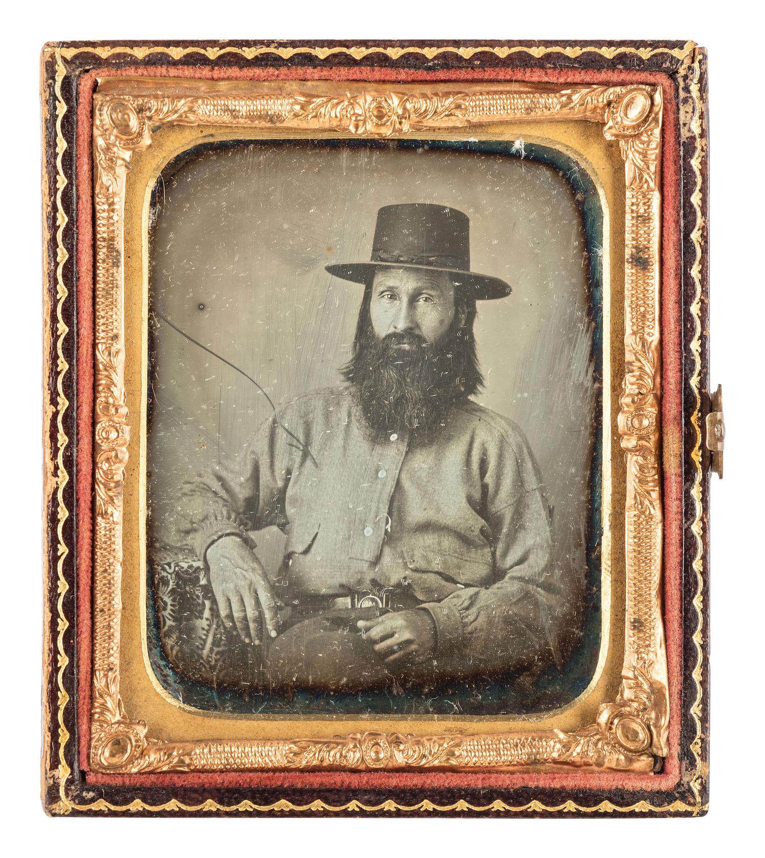 [MINING - EARLY PHOTOGRAPHY]. Sixth plate daguerreotype of a possible gold miner wearing a 2-piece Mexican War-era military belt.