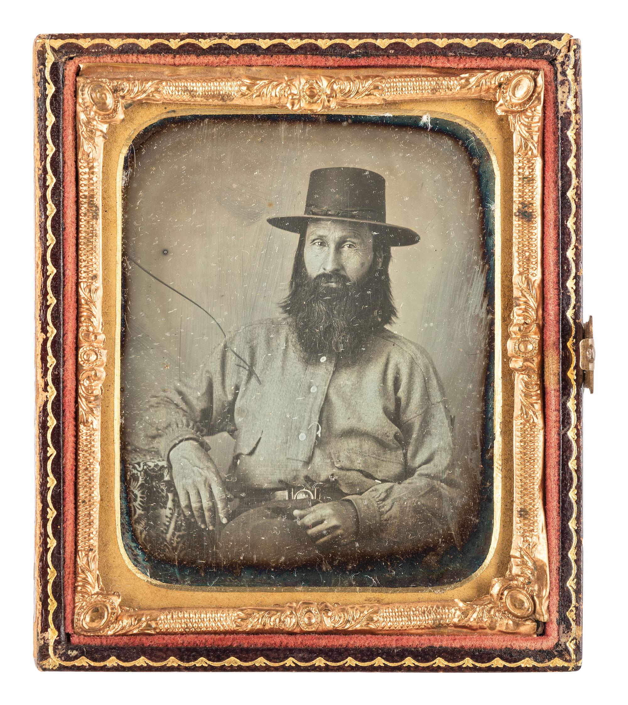 [MINING - EARLY PHOTOGRAPHY]. Sixth plate daguerreotype of a possible gold miner wearing a 2-piece Mexican War-era military belt.