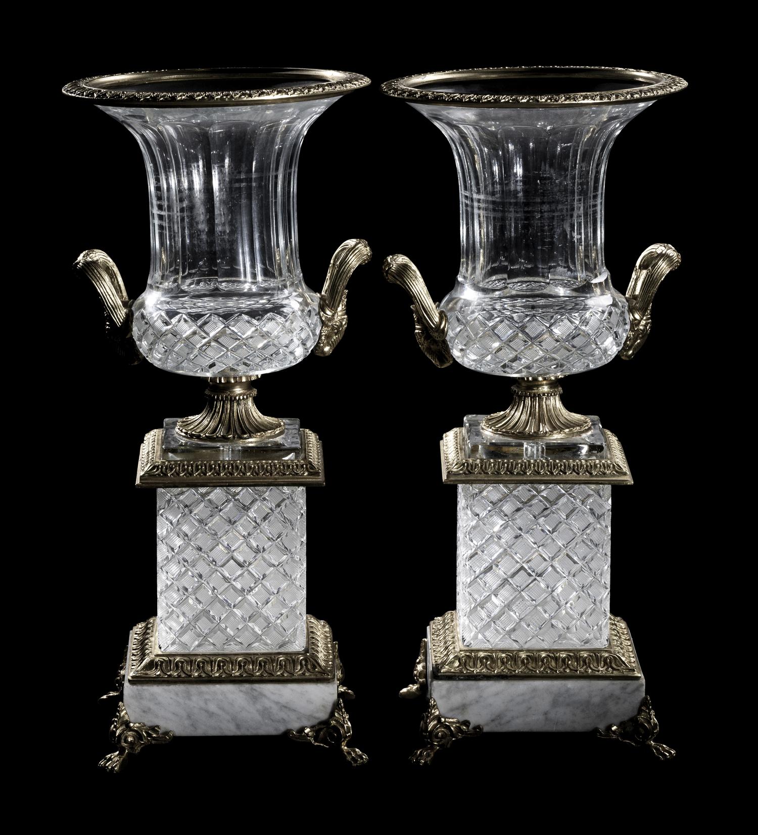 A Pair of Empire Style Gilt Bronze, Marble and Cut Glass Campagna Urns