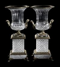 A Pair of Empire Style Gilt Bronze, Marble and Cut Glass Campagna Urns