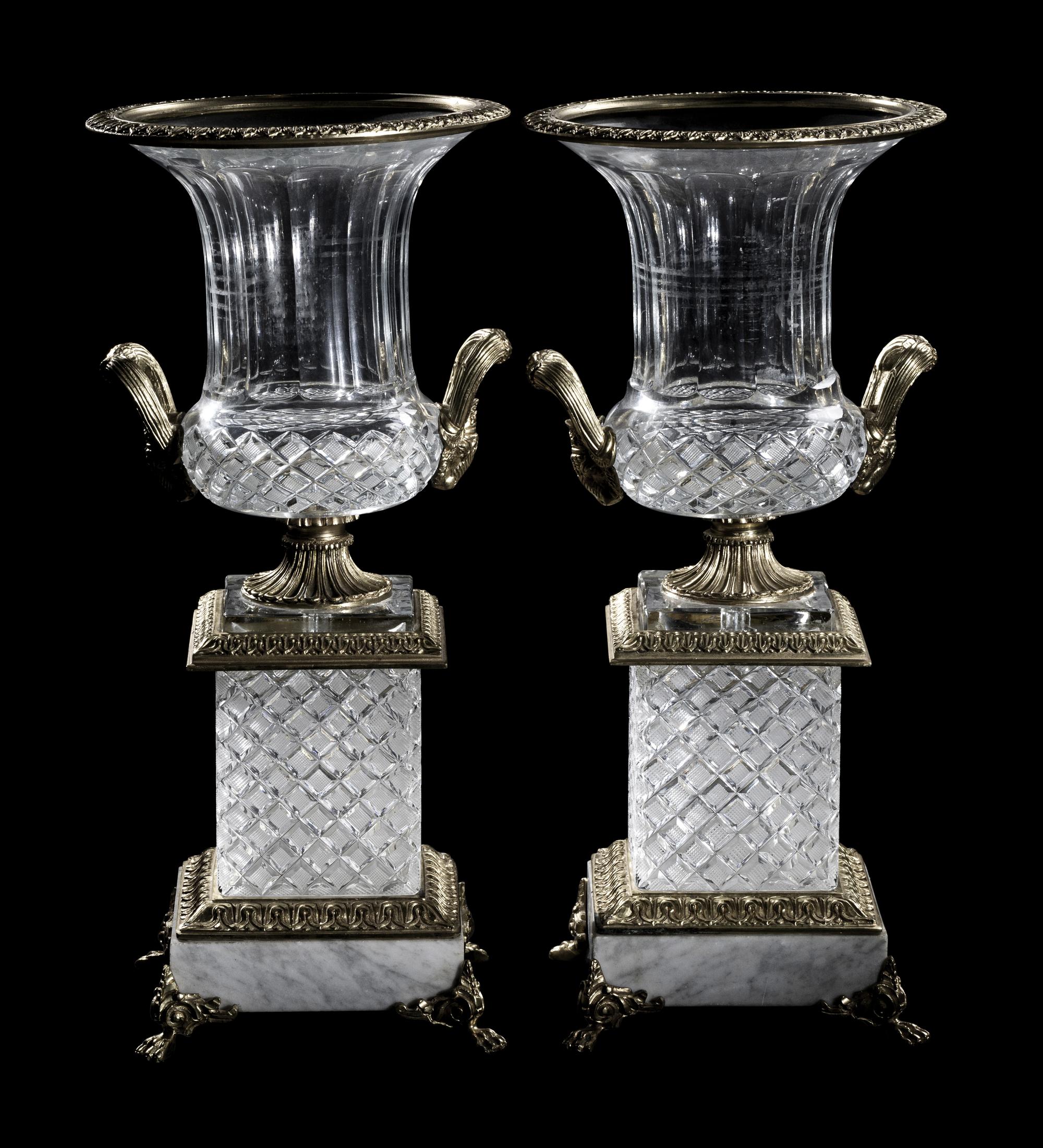 A Pair of Empire Style Gilt Bronze, Marble and Cut Glass Campagna Urns