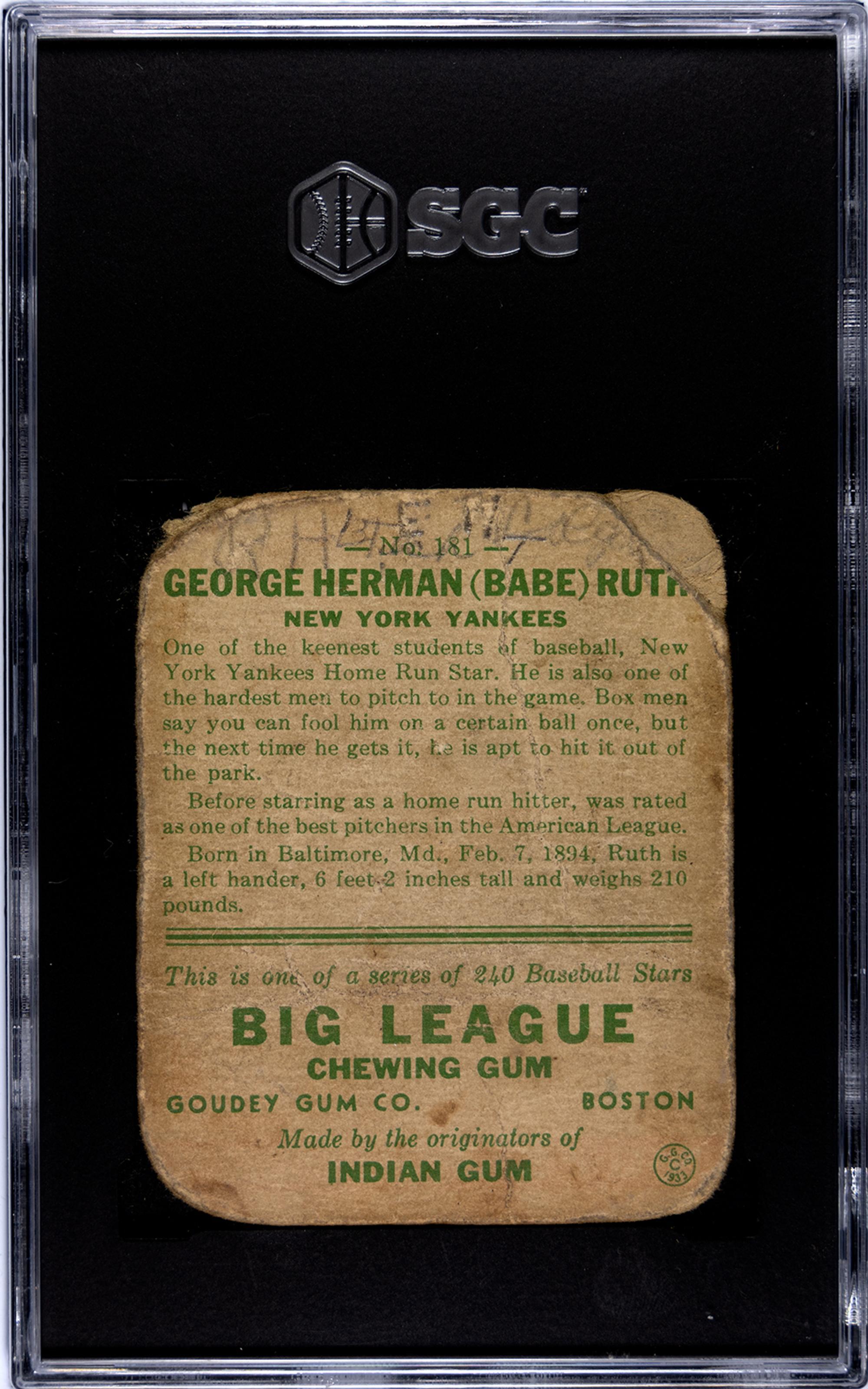 A 1933 Goudey Babe Ruth Baseball Card No. 181 (SGC Authentic)