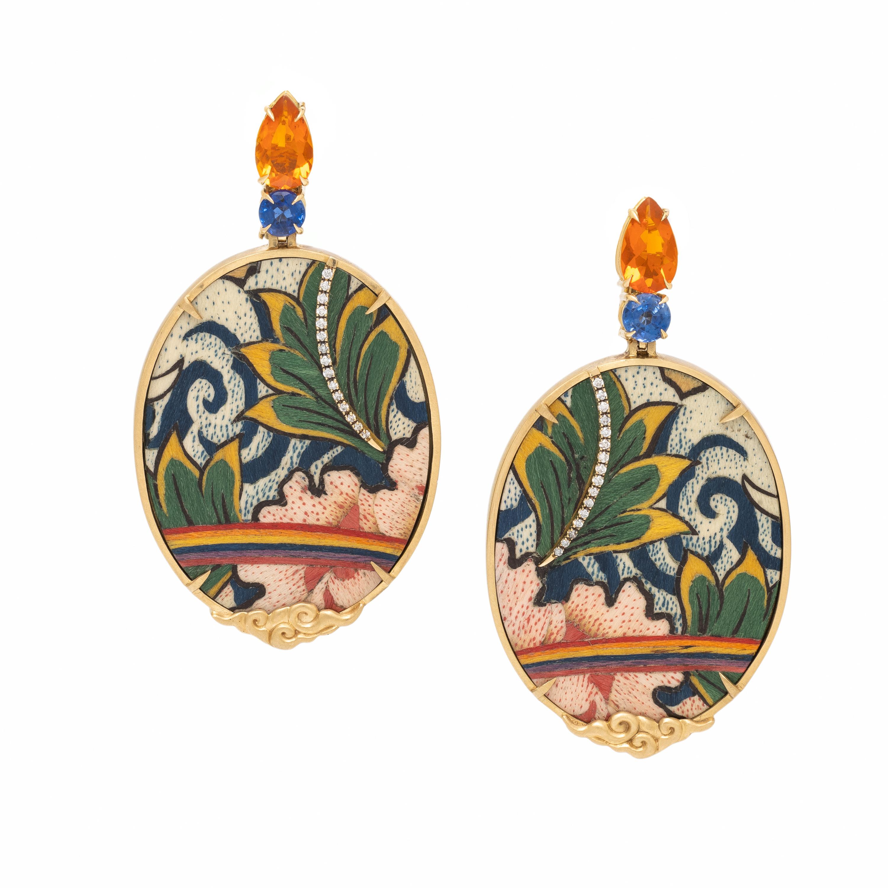 Silvia Furmanovich, Hand-Painted Miniature, Diamond, Topaz, and Sapphire 'Tibetan' Earrings