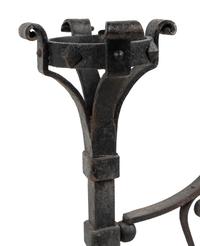 A Pair of Continental Iron Andirons with Posset Cup Holders