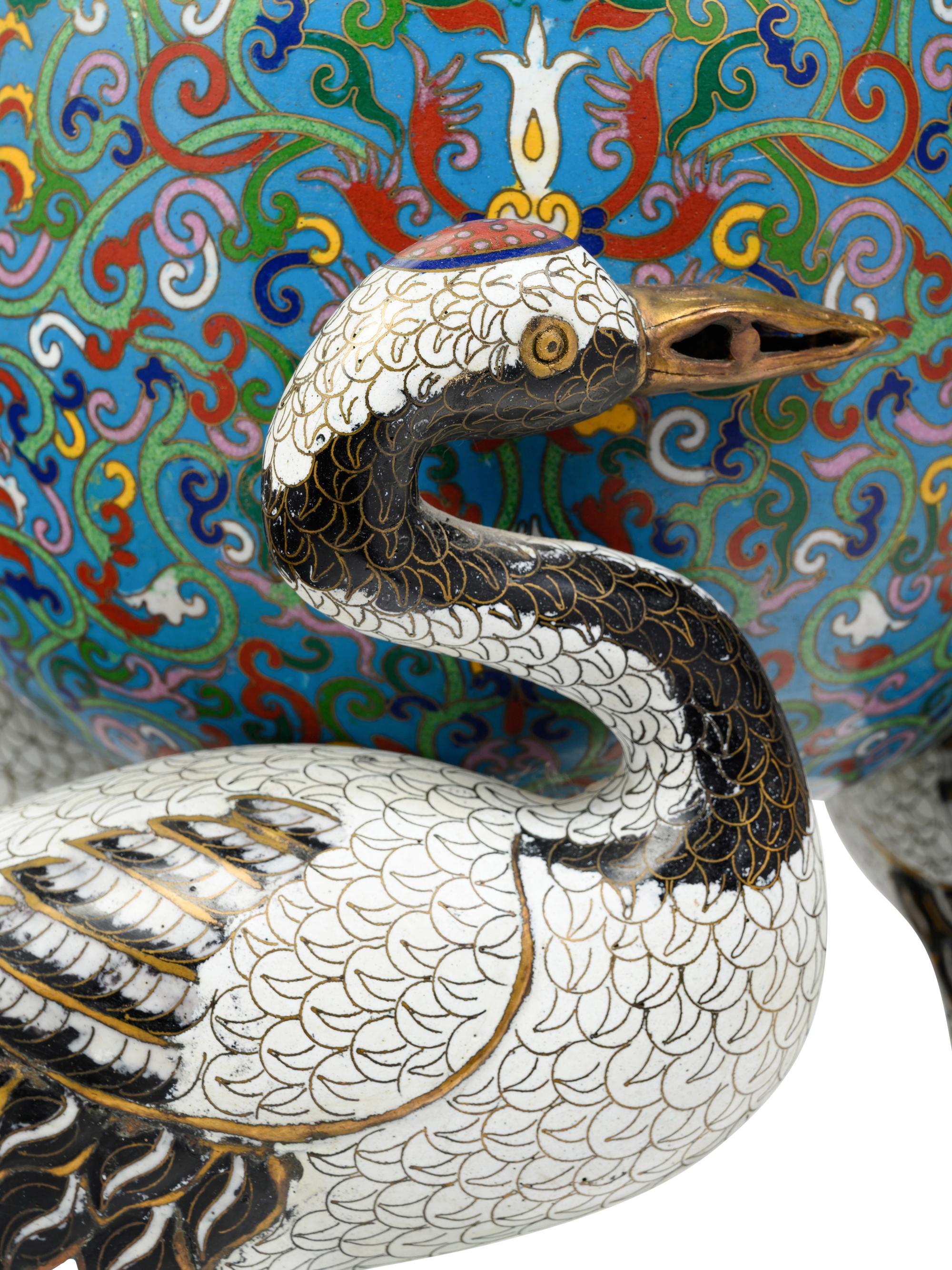 A Chinese Cloisonné Enamel 'Crane' Tripod Incense Burner