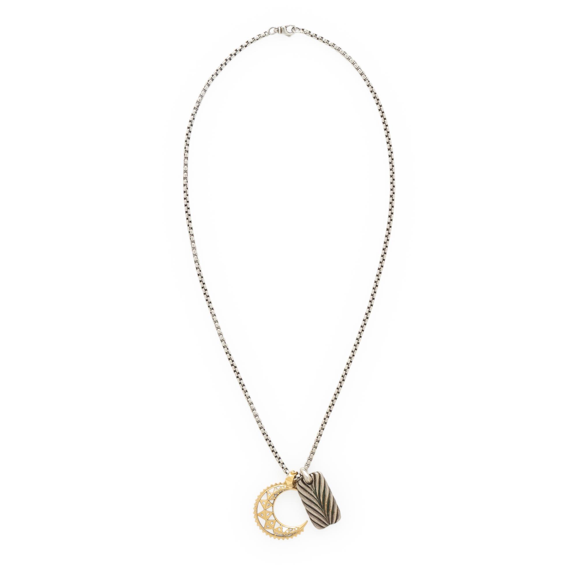 David Yurman, Sterling Silver 'Chevron Tag' Necklace with a Harwell Godfrey Diamond and Yellow Gold Moon Pendant