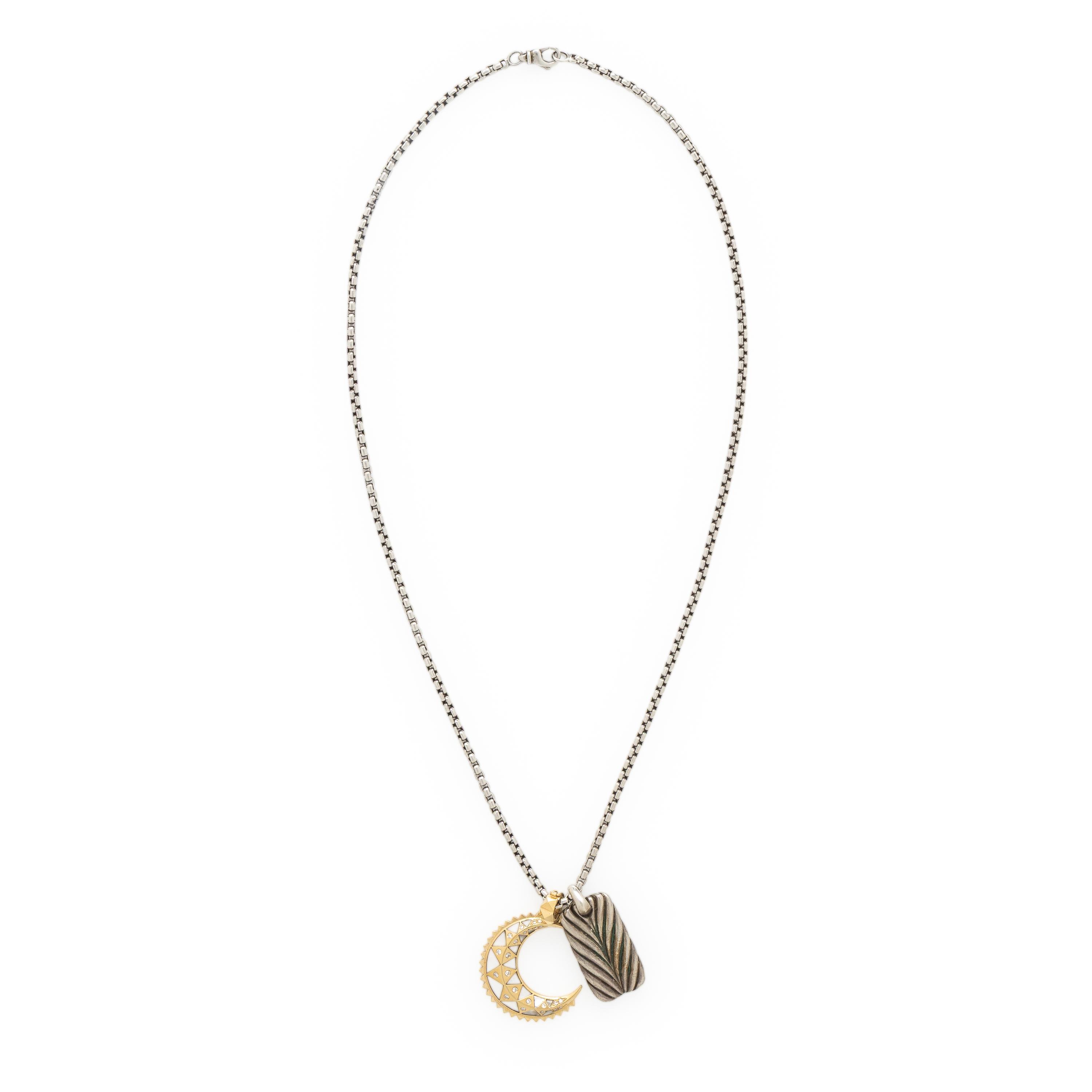 David Yurman, Sterling Silver 'Chevron Tag' Necklace with a Harwell Godfrey Diamond and Yellow Gold Moon Pendant