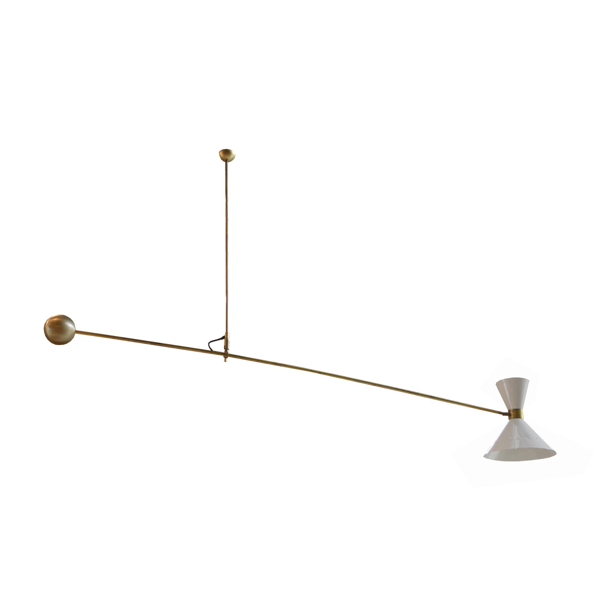 A Brass and Enamel Mid-Century Light Fixture, in the Style of Stilnovo 80" w x 36" H — France, Mid-20th Century