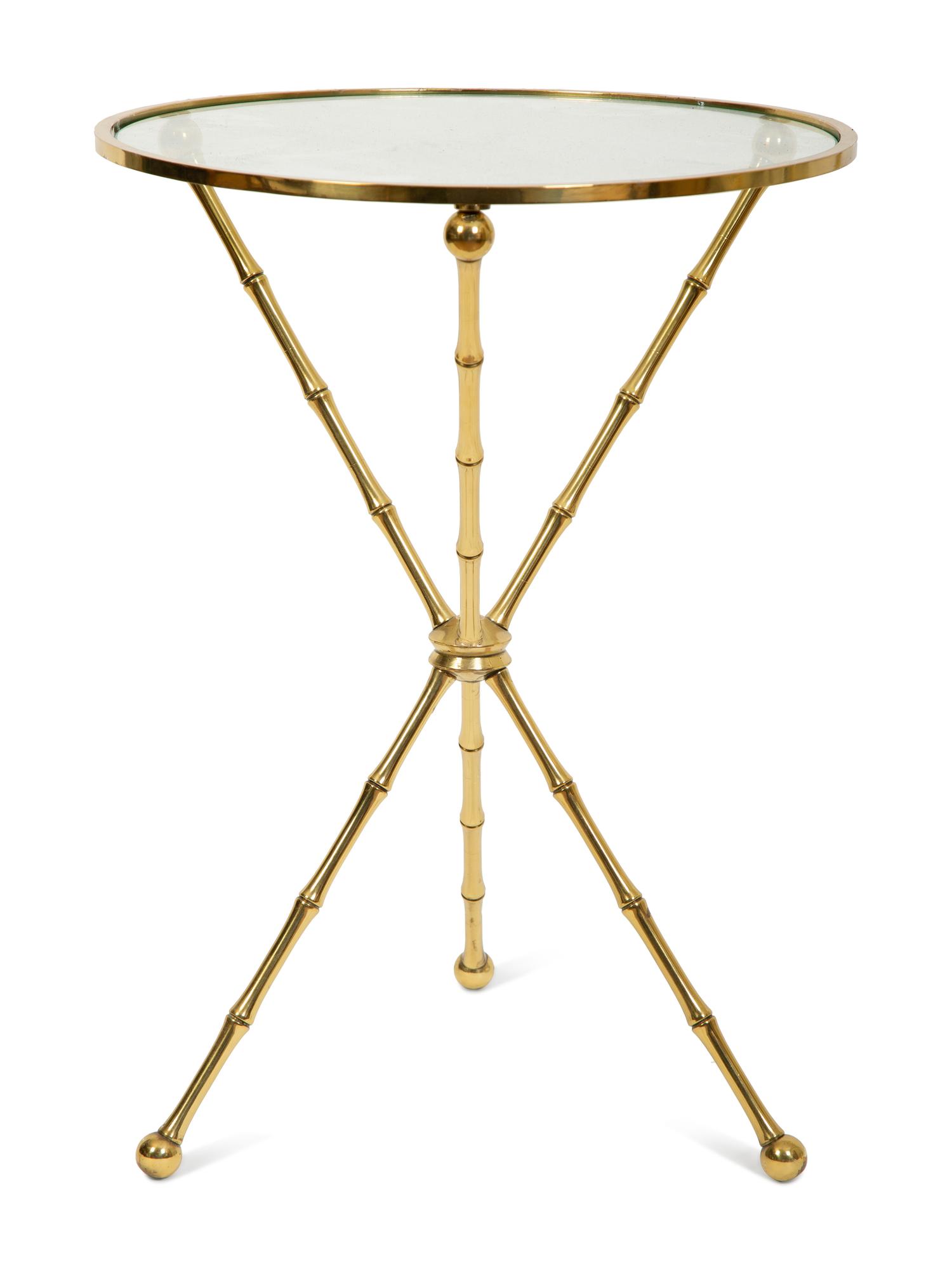 A Near Pair of Hollywood Regency Style Gilt Metal Faux-Bamboo Side Tables — 20TH CENTURY