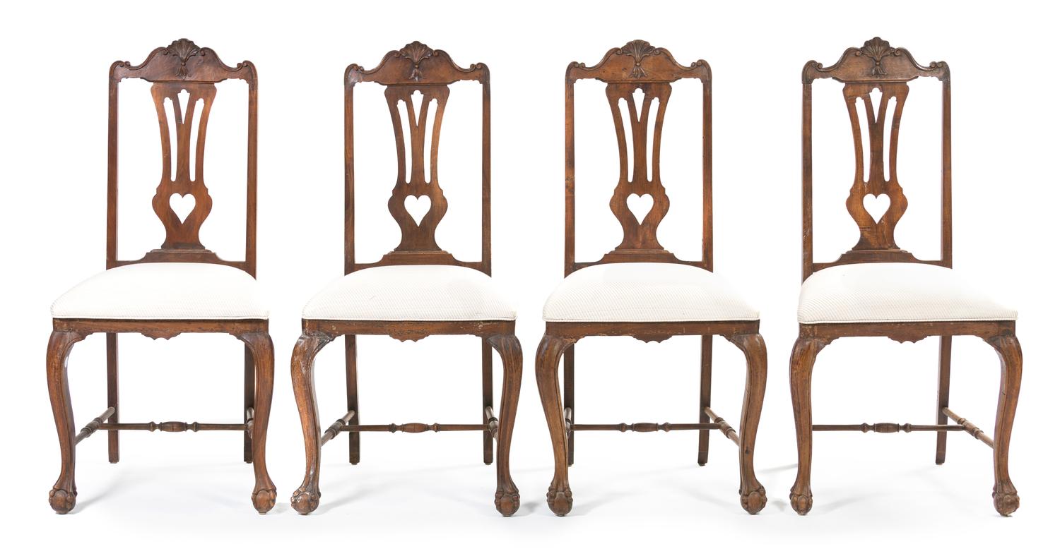 A Set of Four Spanish Walnut Side Chairs, Height 43 inches.