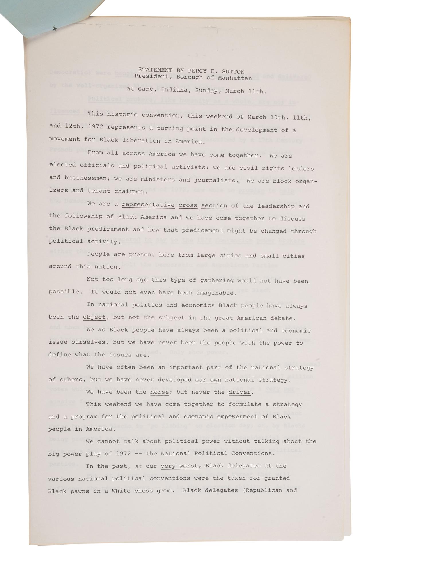 [CIVIL RIGHTS] -- SUTTON, Percy E. (1920-2009). "A Strategy Paper" written for the National Black Political Convention. Gary, Indiana. 11 March 1972.