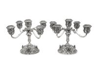 A Pair of German Silver Five-Light Candelabra