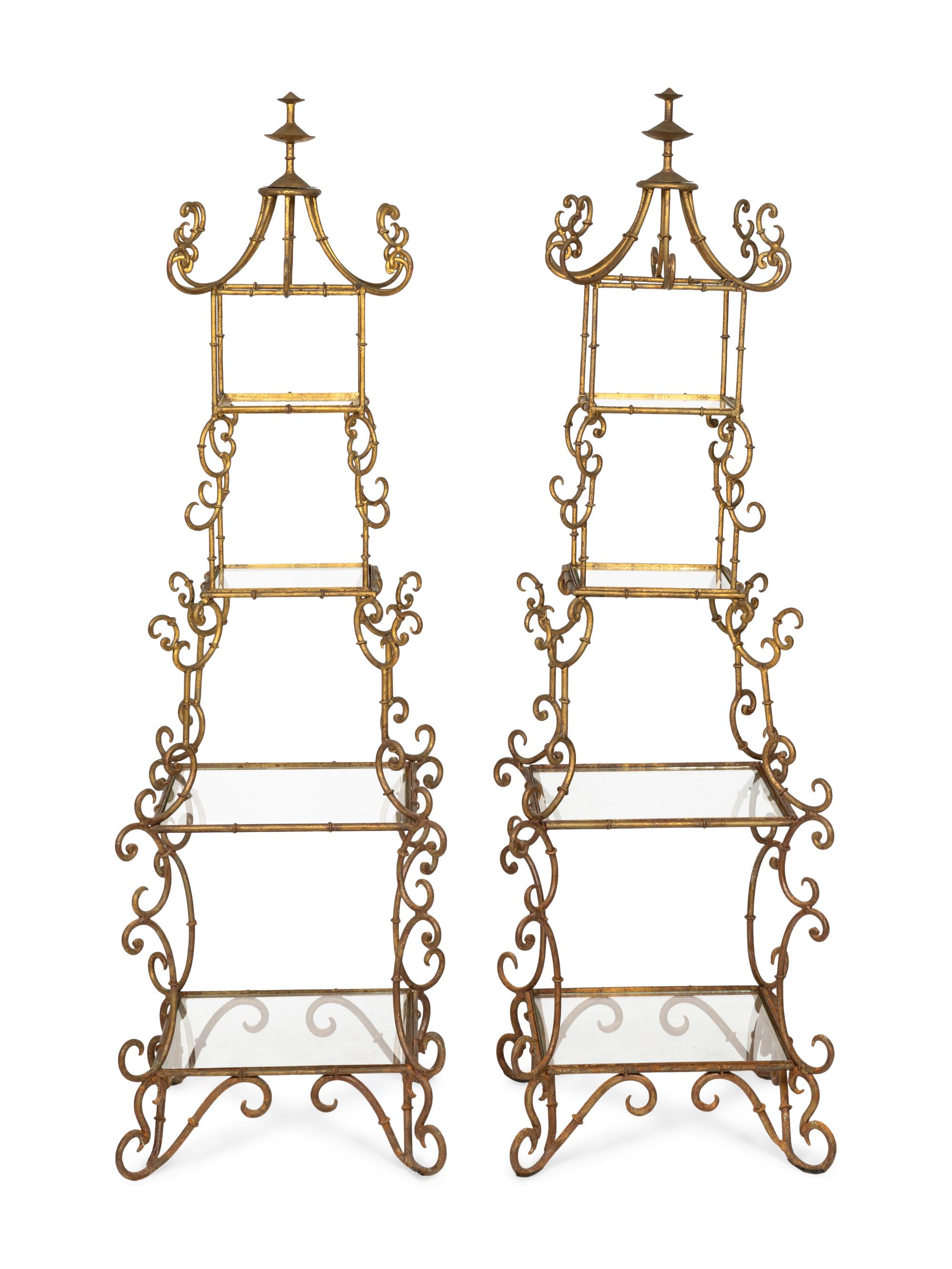 A Pair of Italian Gilt Metal Pagoda-Form Etageres