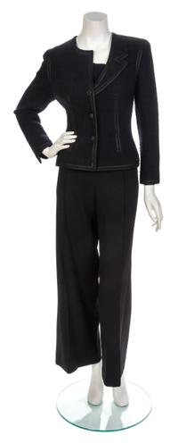 A Chanel Black Wool and Angora Tweed Half-Collar Jacket, Jacket size 42, pants size 42.