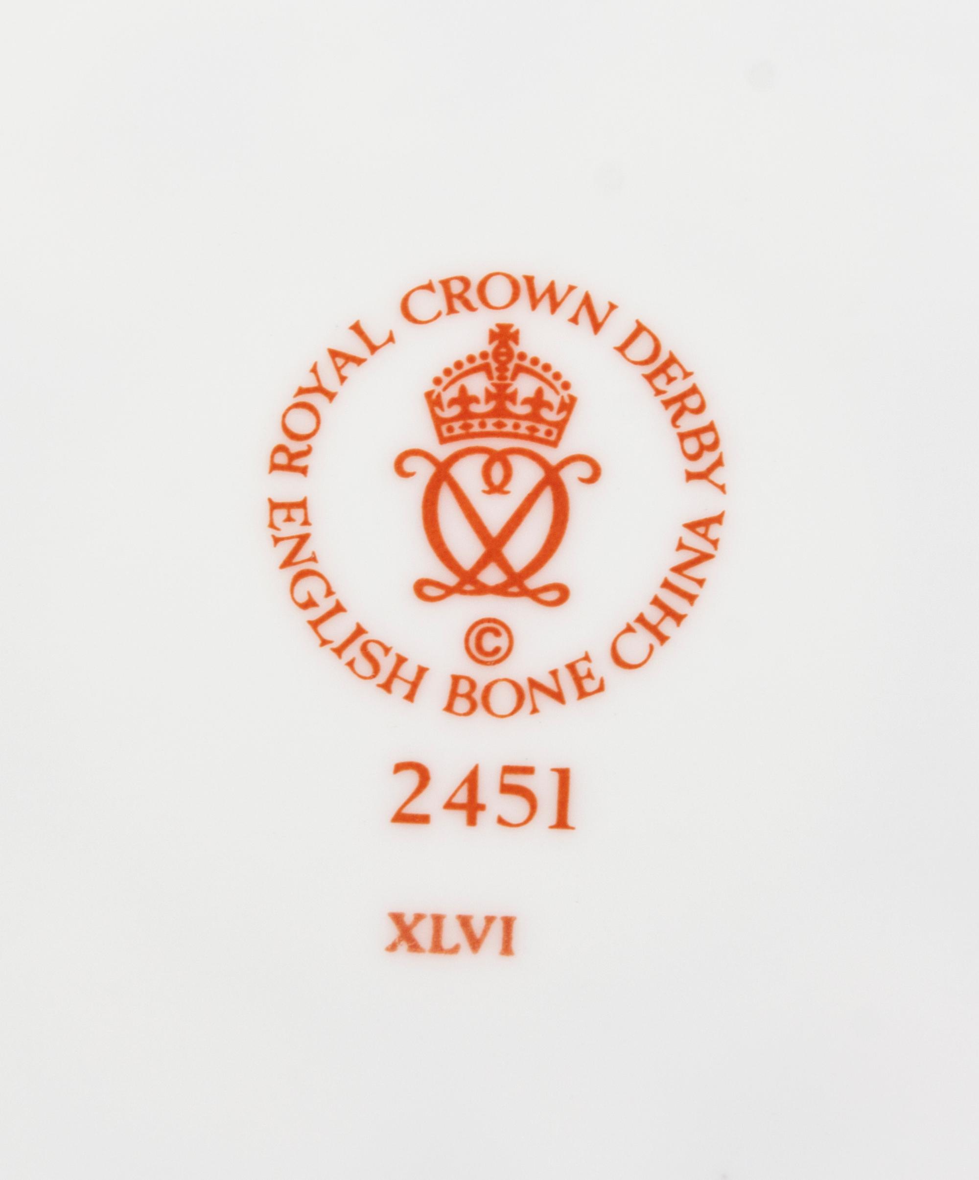 A Royal Crown Derby Porcelain Partial Dinner Service, Diameter of dessert plate 8 1/2 inches.