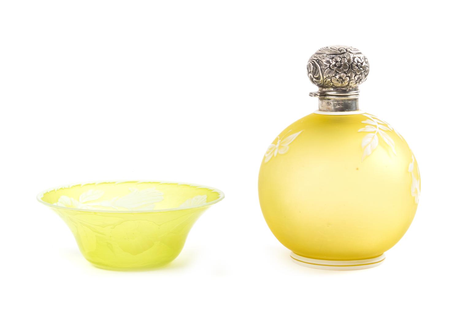 English, LATE 19TH CENTURY, two cameo glass articles, comprising a silver mounted bottle with foliate and butterfly decoration, hallmar