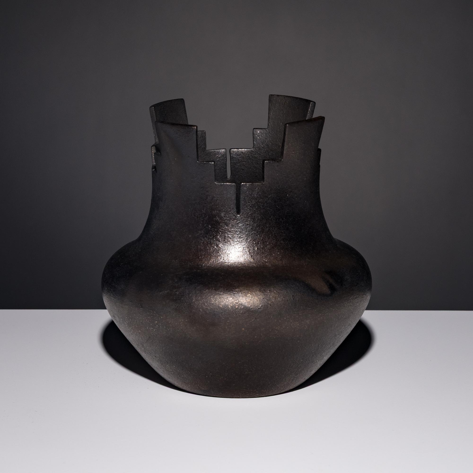 Angie Yazzie (Taos, b. 1965) — Micaceous Blackware Pottery Jar, with Terraced Rim