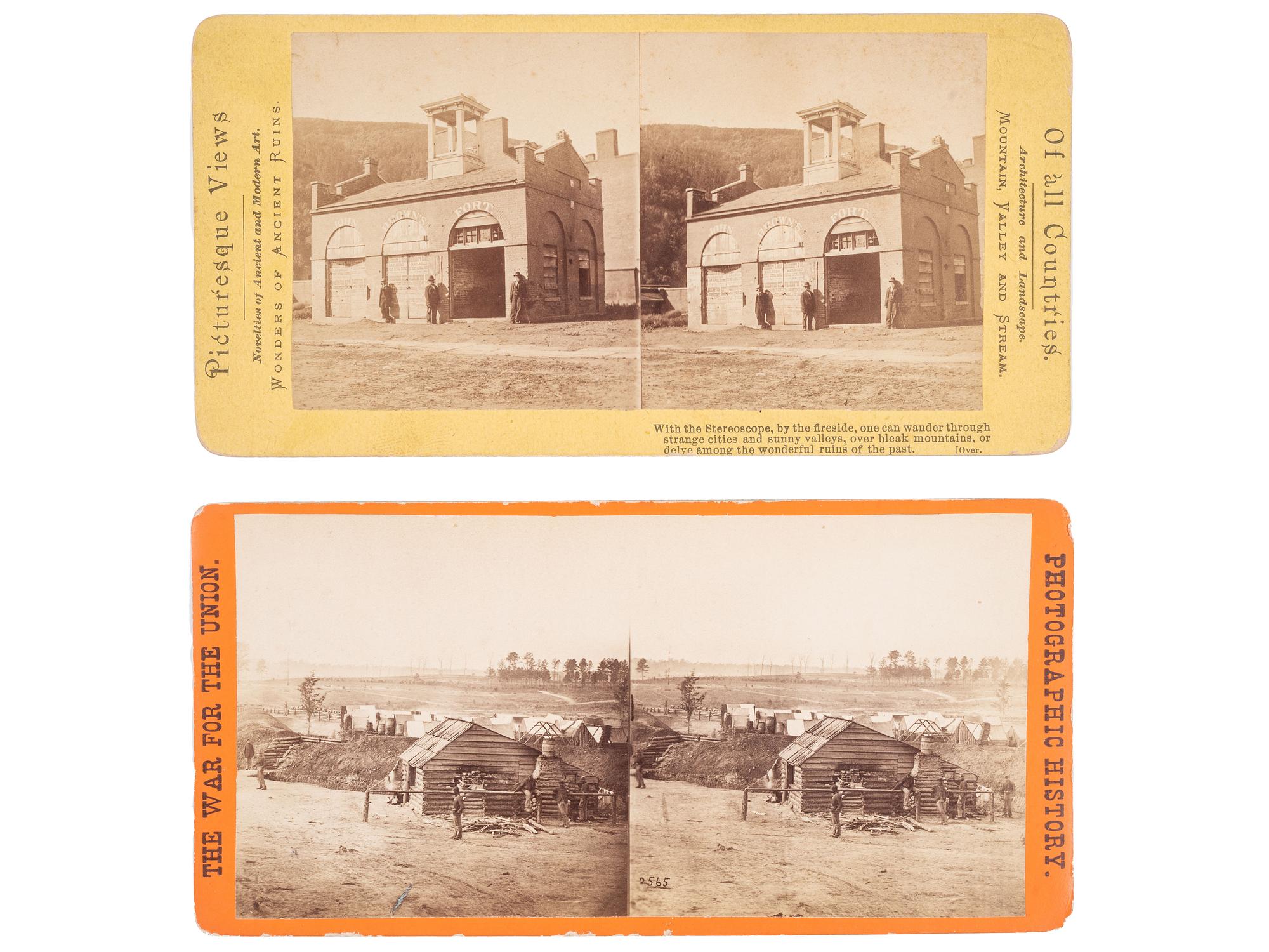 [SLAVERY & ABOLITION] -- [BROWN, John]. Stereoview of John Brown's Fort at Harpers Ferry, Virginia. N.p., ca 1870s. [ With: ] BRADY, Mathew, photographer. Stereoview of African American soldiers of the 7th USCT outside Fort Burnham.