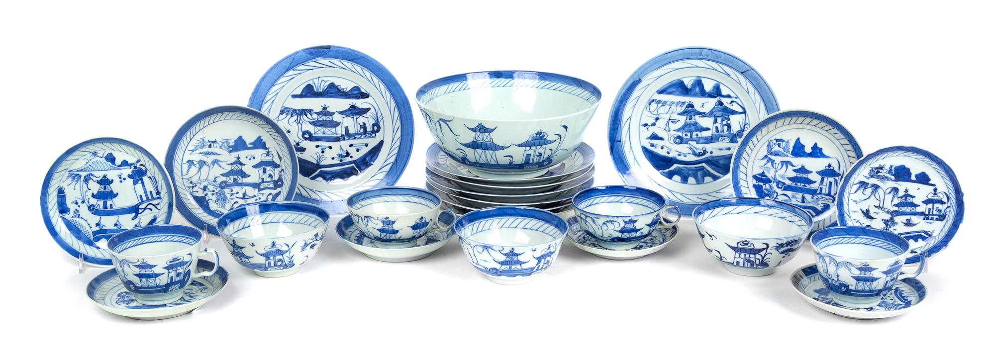 Thirty-two Chinese Export Canton Blue and White Wares Diameter of the largest 9 inches. — 19TH CENTURY
