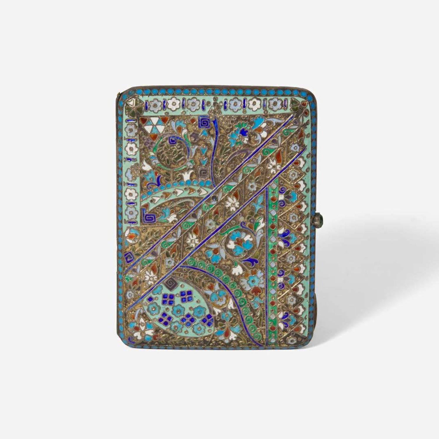 A Russian silver-gilt and shaded enamel cigarette case Hallmarks likely for Dmitrii Nikolaevich Nikolaev, Moscow, 1908-1917