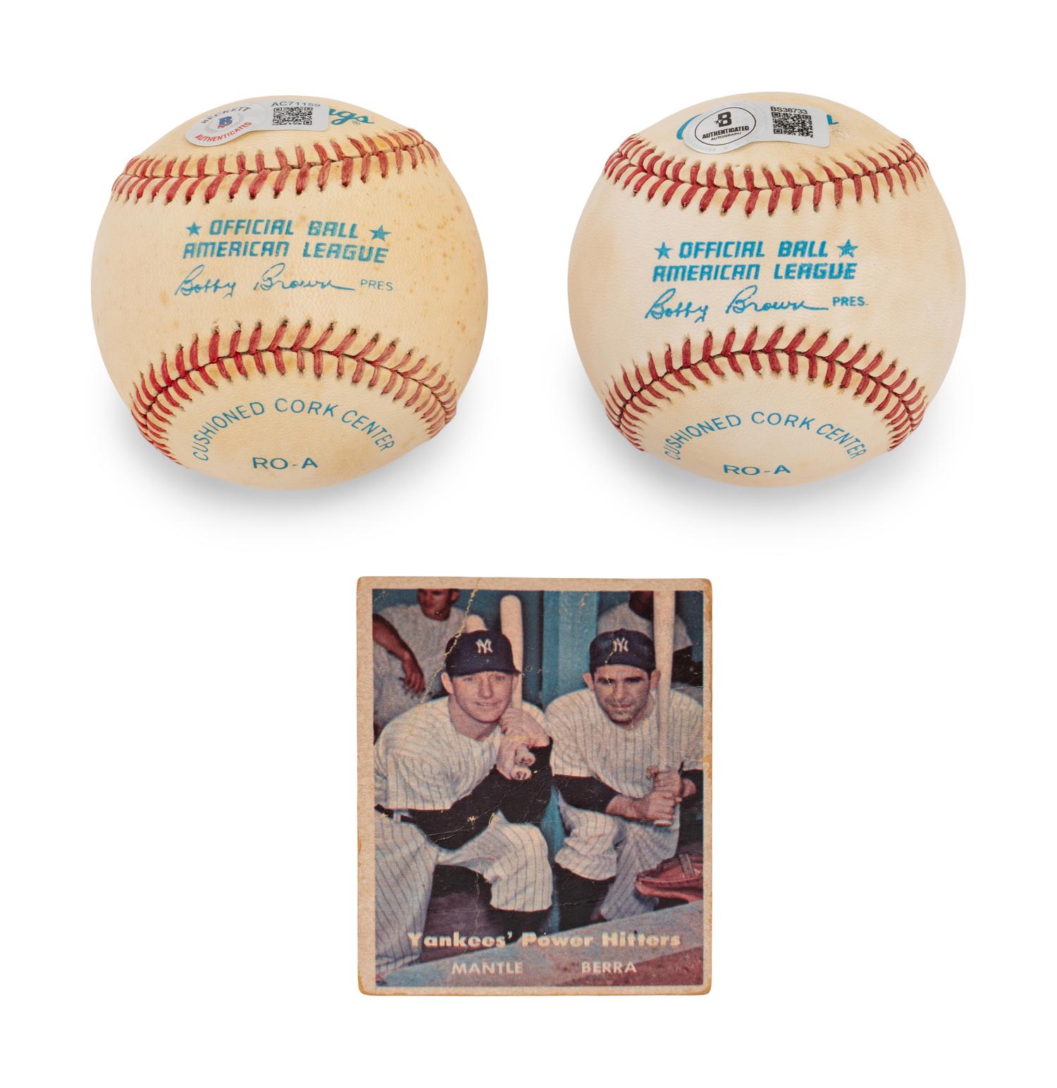 A Mickey Mantle and Yogi Berra Signed Autograph Baseball Collection with 1957 Topps Baseball Card (Beckett Authentication Services)
