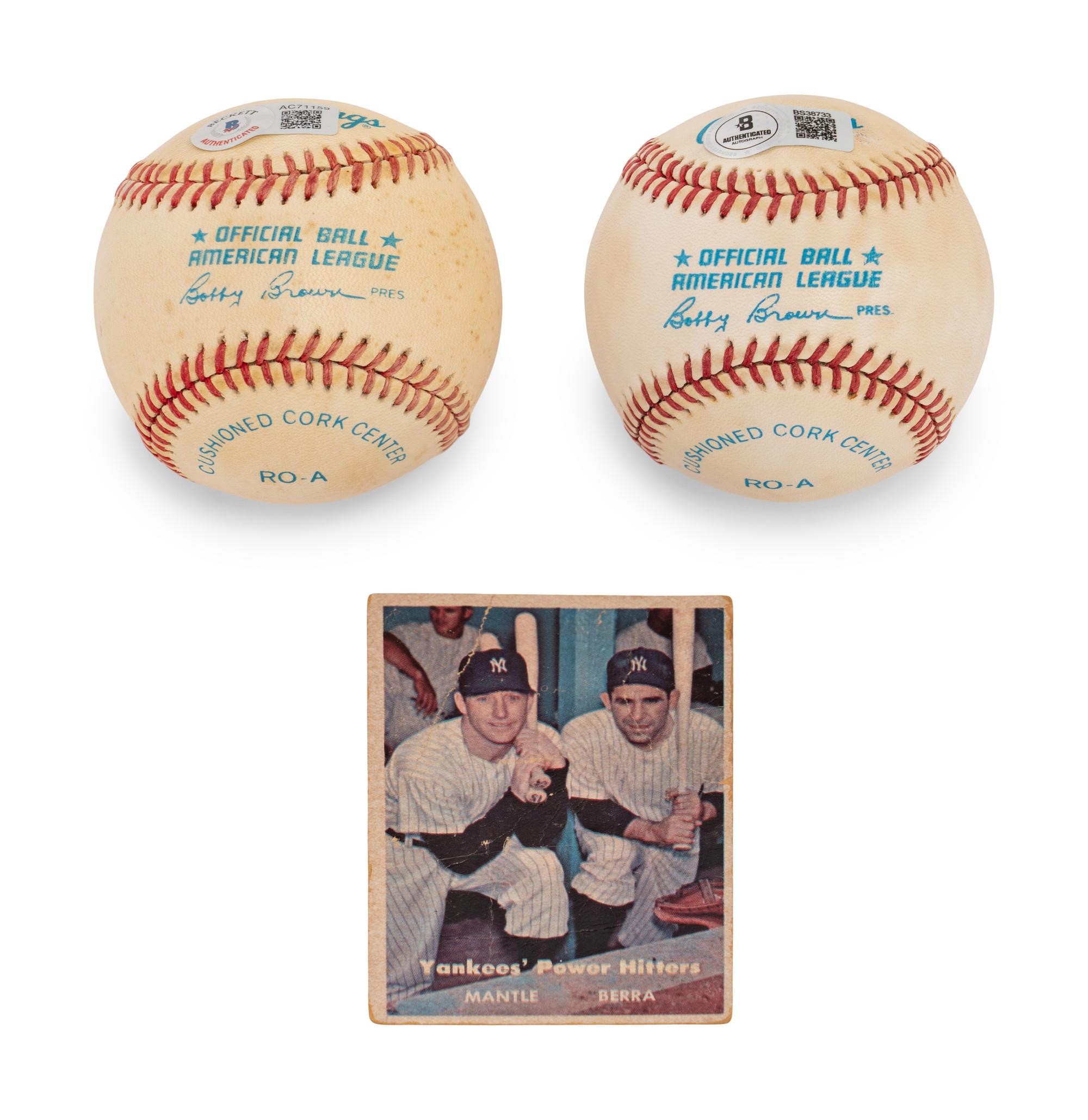 A Mickey Mantle and Yogi Berra Signed Autograph Baseball Collection with 1957 Topps Baseball Card (Beckett Authentication Services)