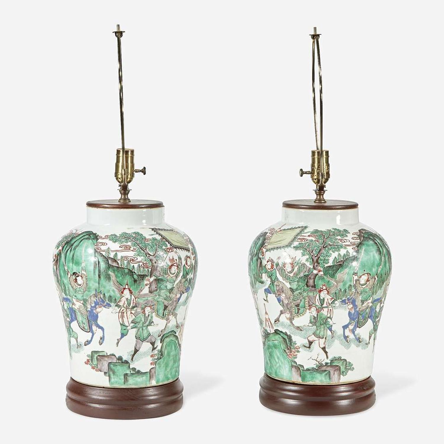 A pair of Chinese famille verte-decorated porcelain jars mounted as lamps the porcelain probably 19th Century