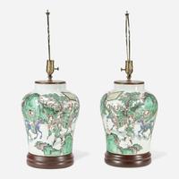 A pair of Chinese famille verte-decorated porcelain jars mounted as lamps the porcelain probably 19th Century