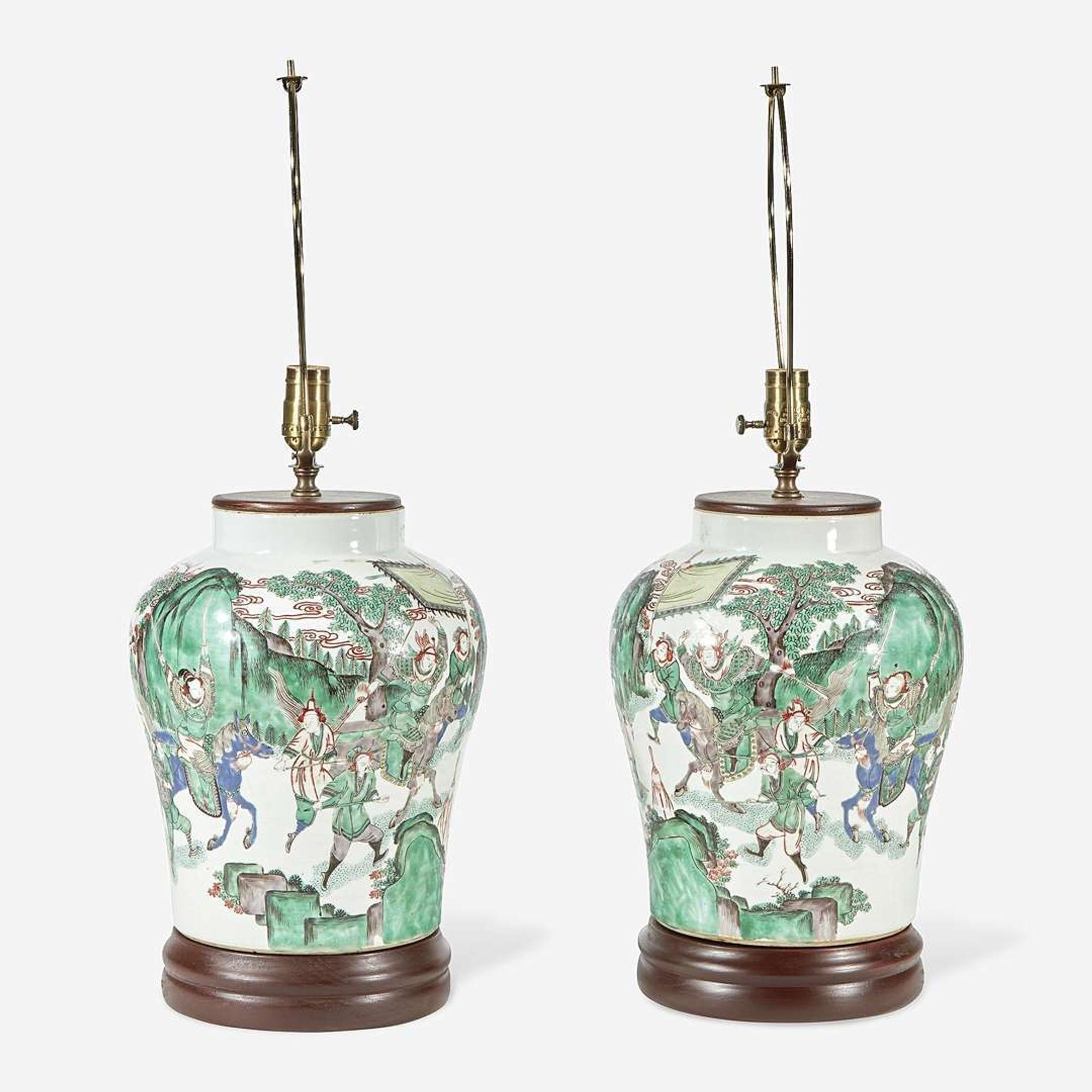 A pair of Chinese famille verte-decorated porcelain jars mounted as lamps the porcelain probably 19th Century