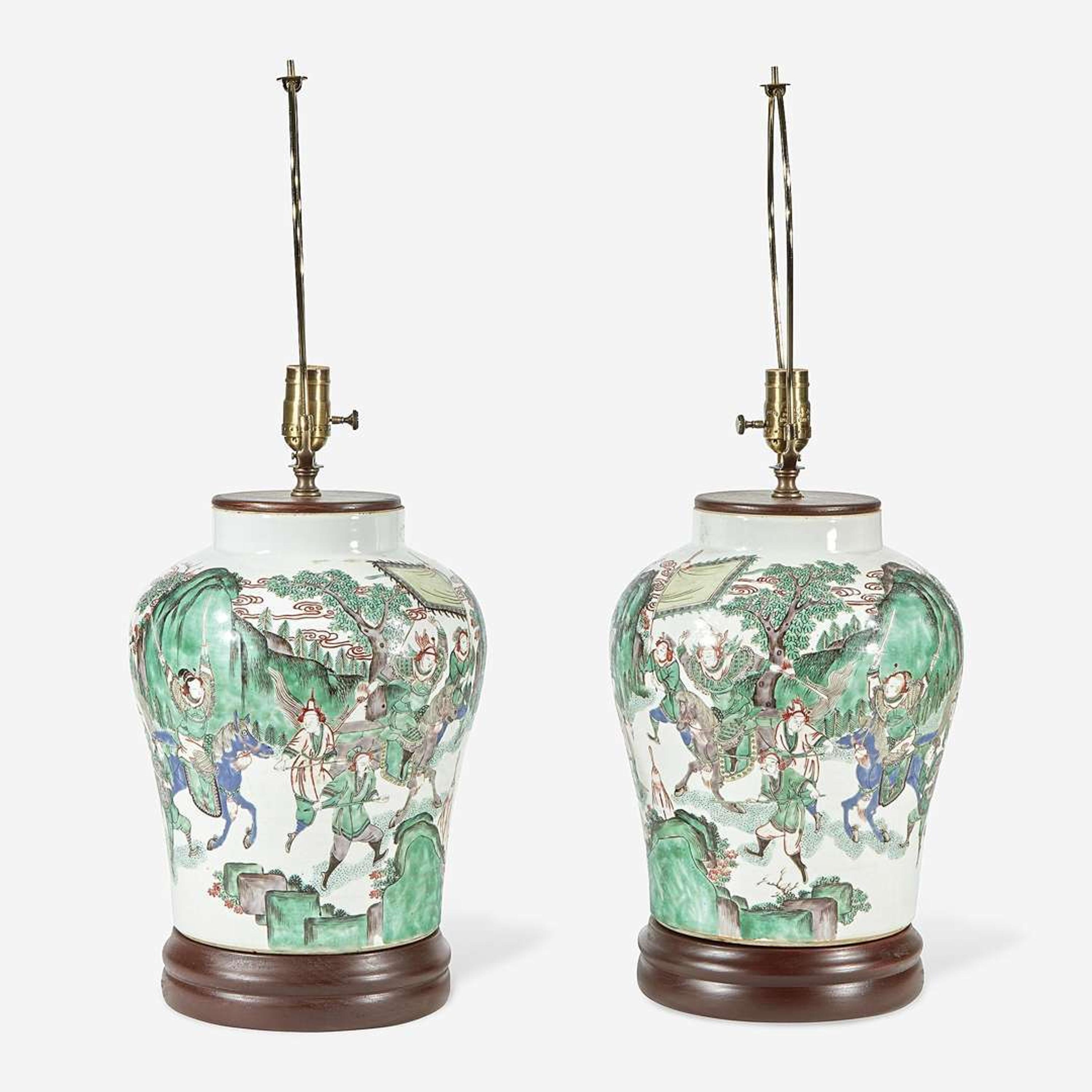 A pair of Chinese famille verte-decorated porcelain jars mounted as lamps the porcelain probably 19th Century