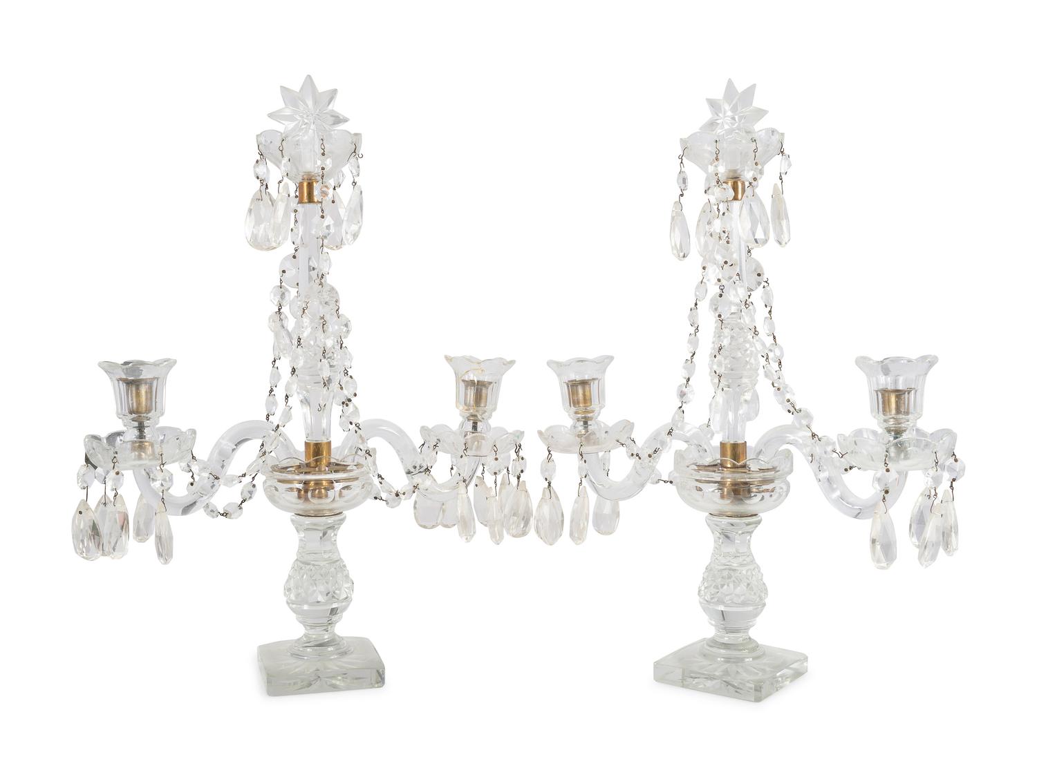 A Pair of Cut and Faceted Glass Two-Light Girandole Candelabra