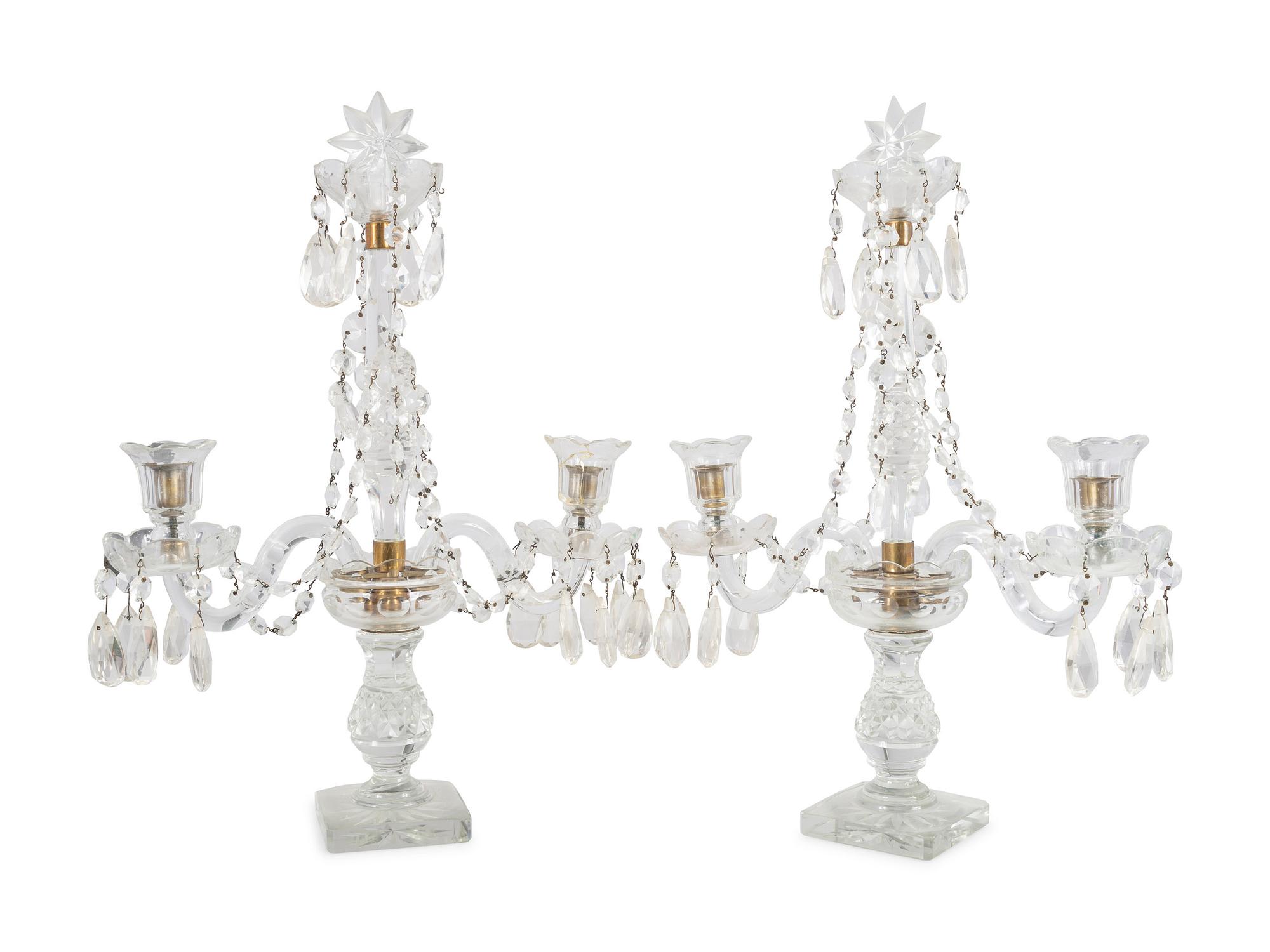 A Pair of Cut and Faceted Glass Two-Light Girandole Candelabra