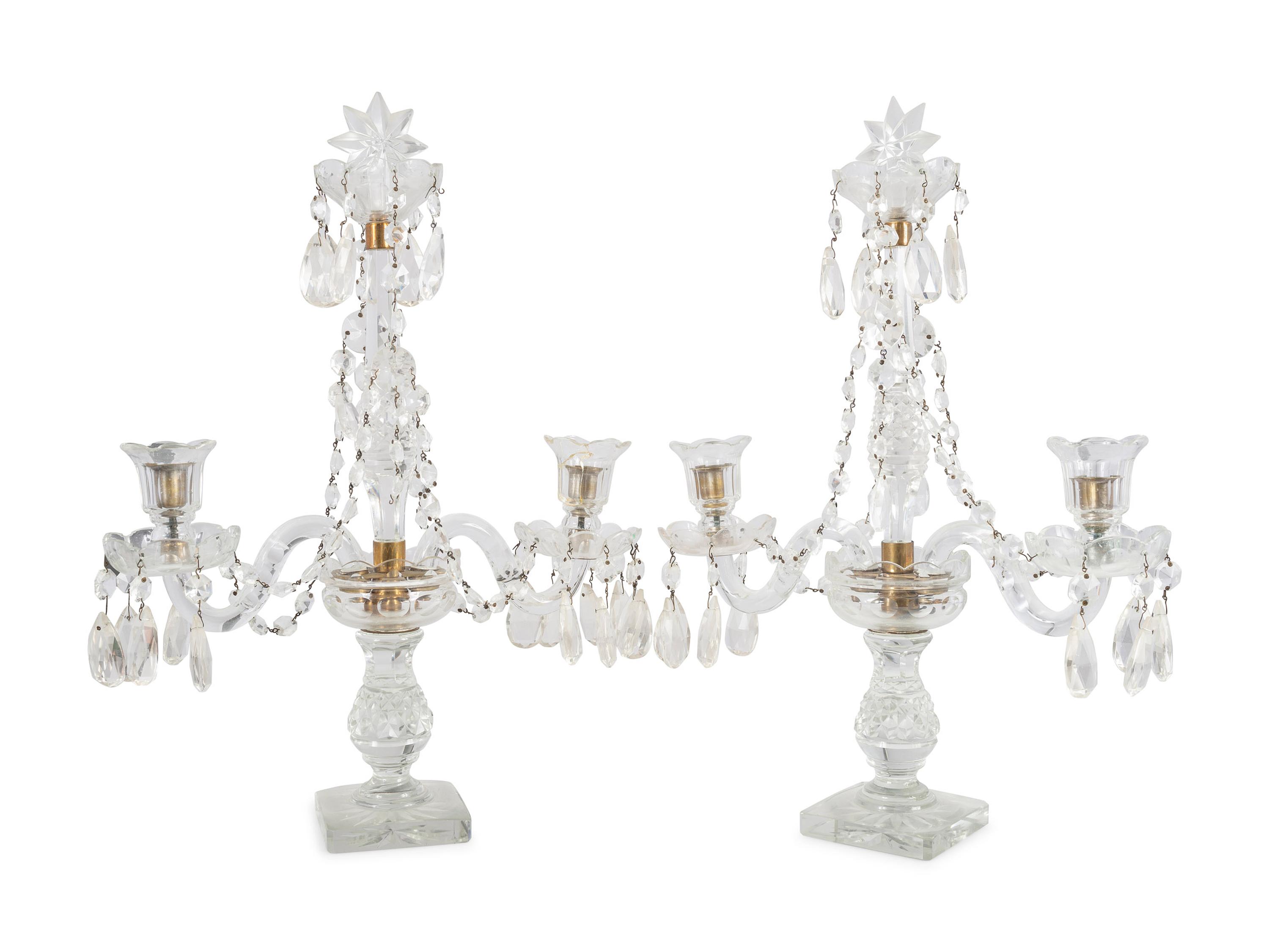 A Pair of Cut and Faceted Glass Two-Light Girandole Candelabra