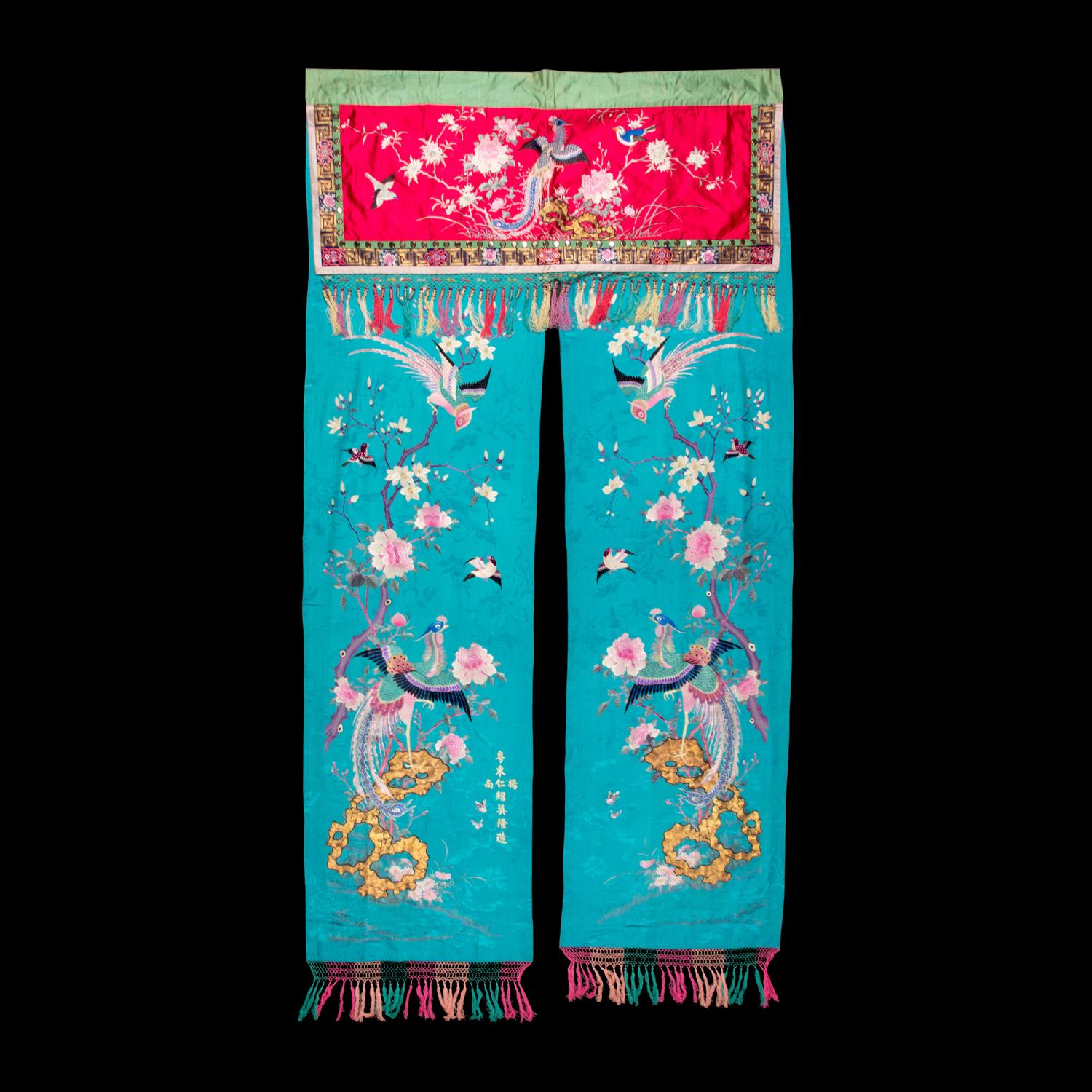A Large Chinese Embroidered Silk Hanging Panel, Late 19th Century 清晚期 藍地綉花鳥大挂賬