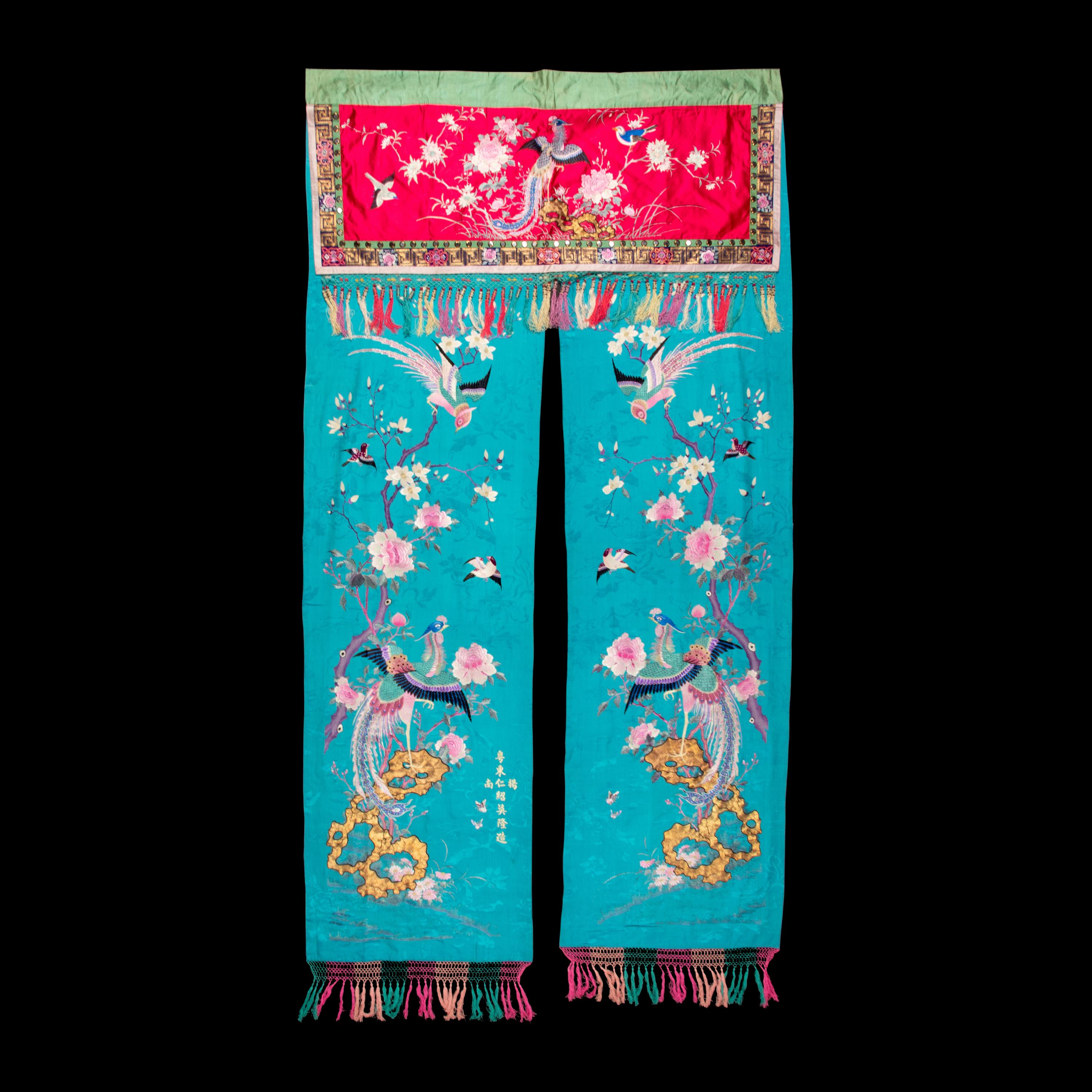 A Large Chinese Embroidered Silk Hanging Panel, Late 19th Century 清晚期 藍地綉花鳥大挂賬