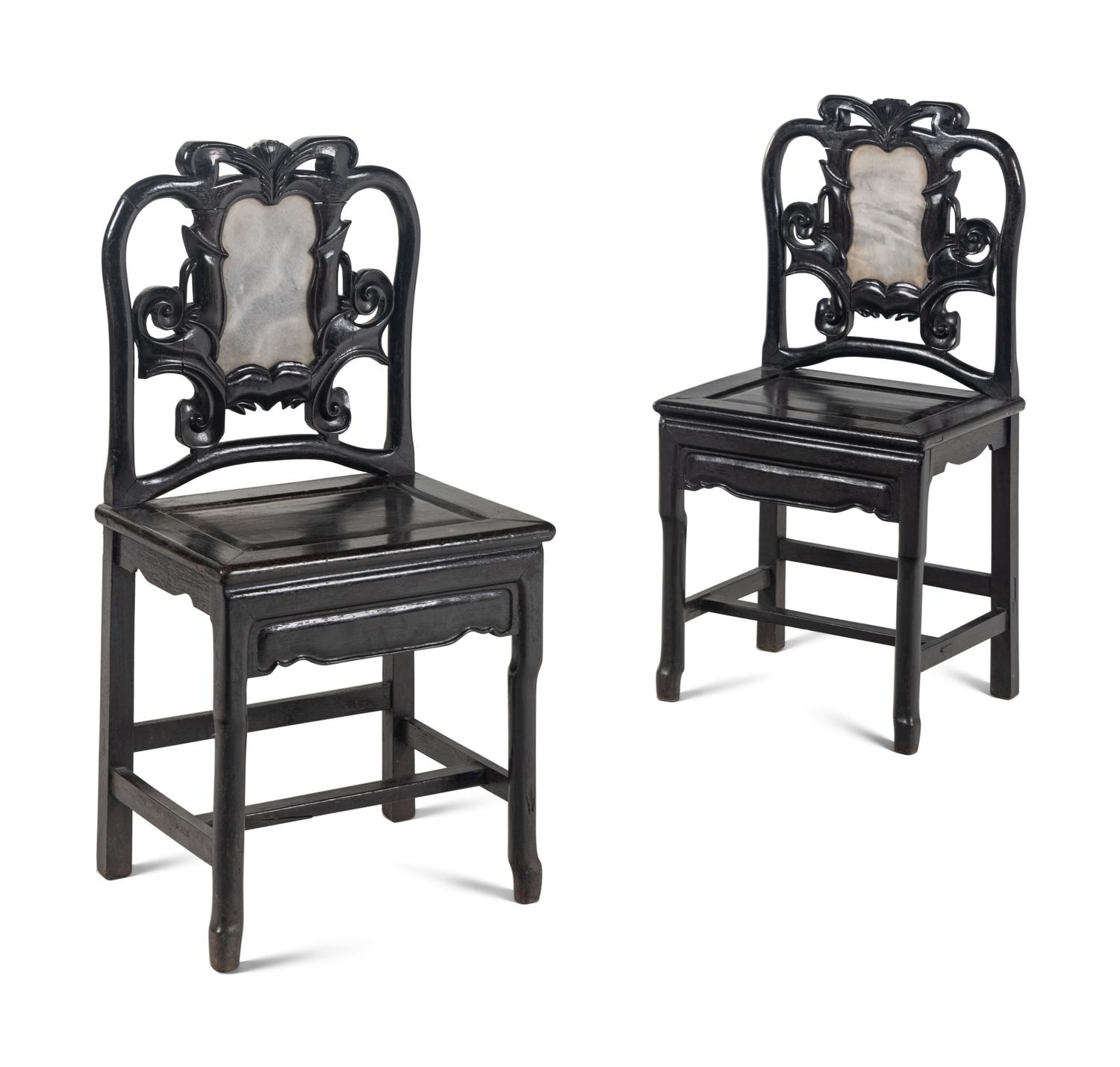 A Pair of Chinese Marble Inset Tielimu Side Chairs