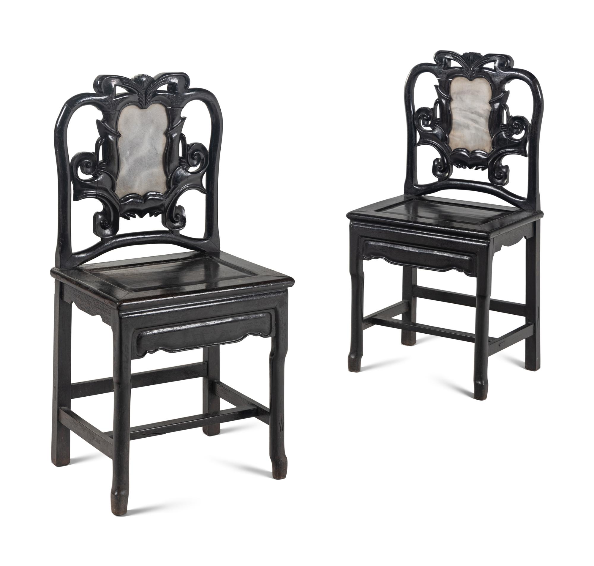 A Pair of Chinese Marble Inset Tielimu Side Chairs