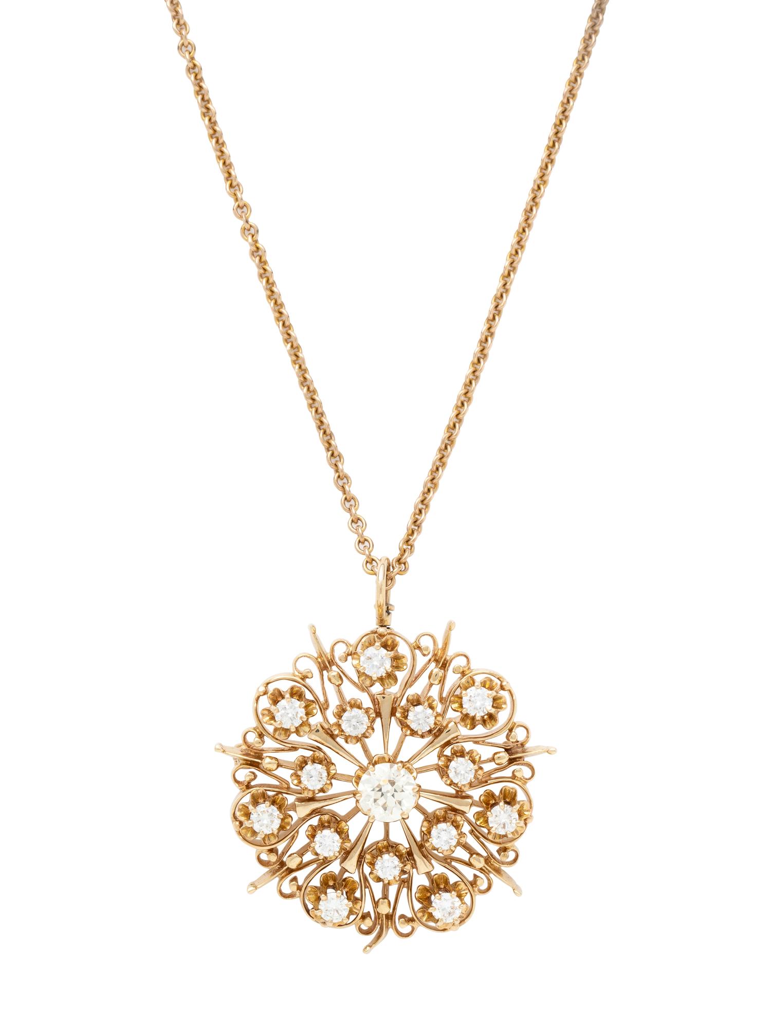 YELLOW GOLD AND DIAMOND PENDANT/BROOCH NECKLACE