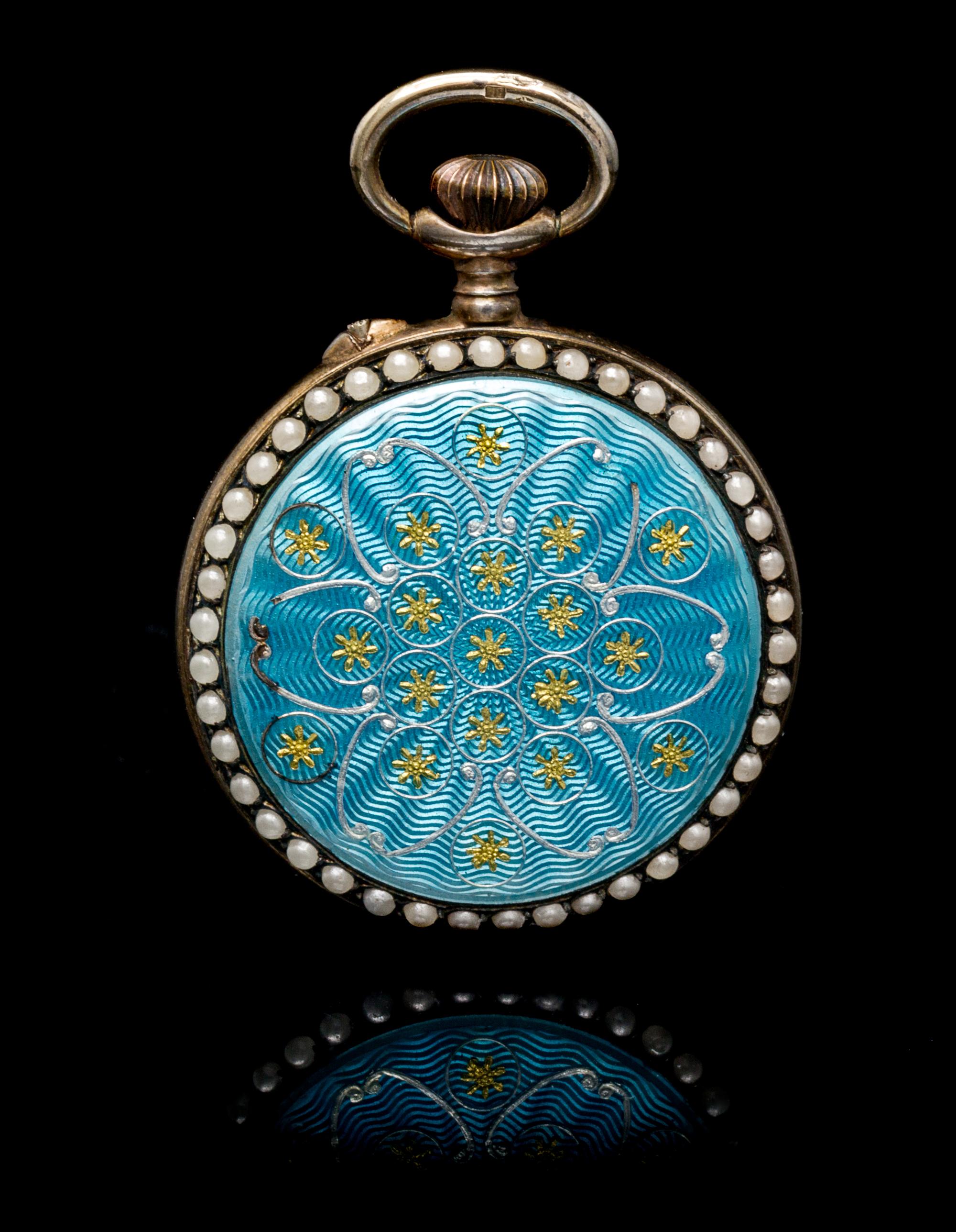 A Silver Gilt, Enamel and Faux Pearl Open Face Pendant Pocket Watch,