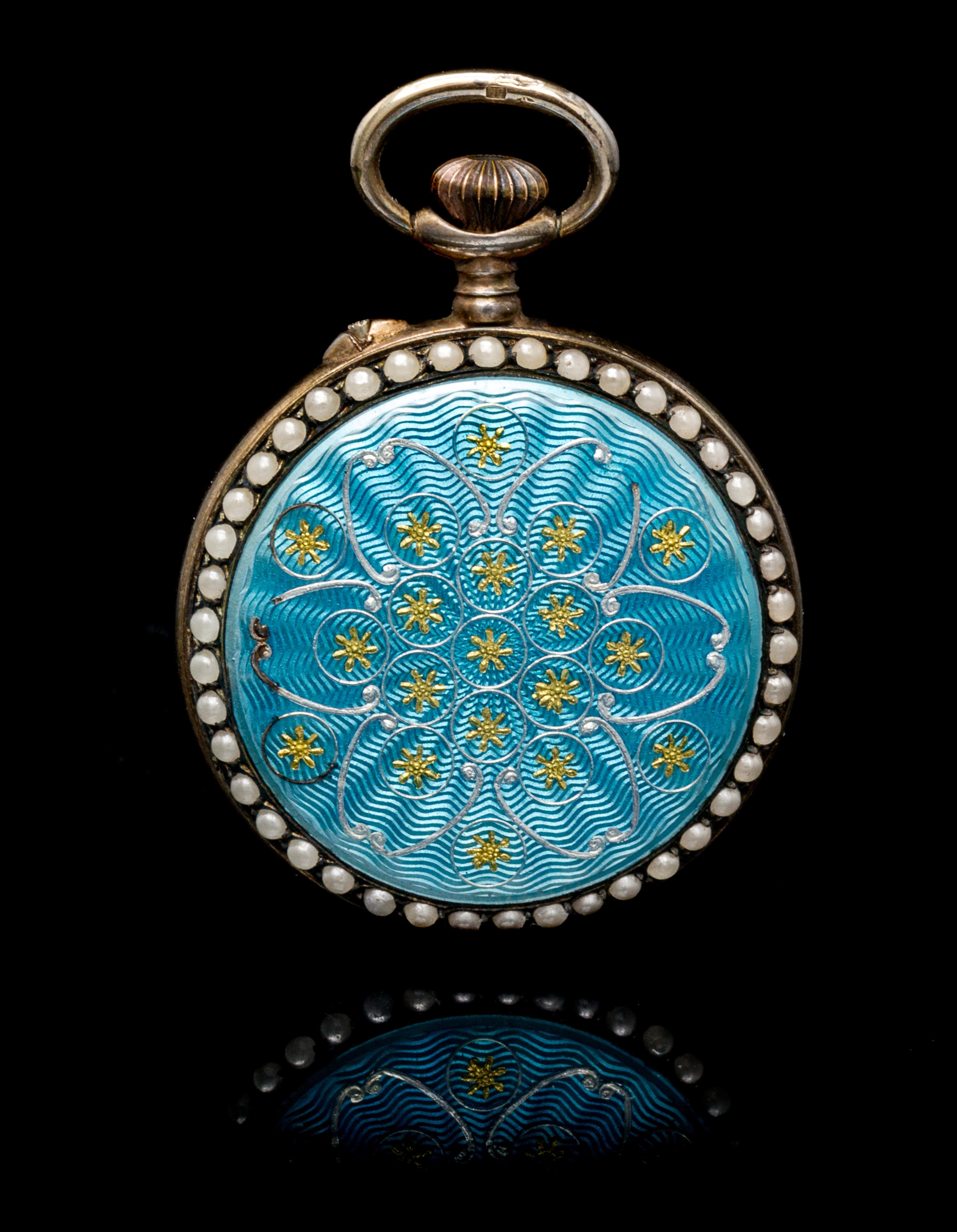 A Silver Gilt, Enamel and Faux Pearl Open Face Pendant Pocket Watch,