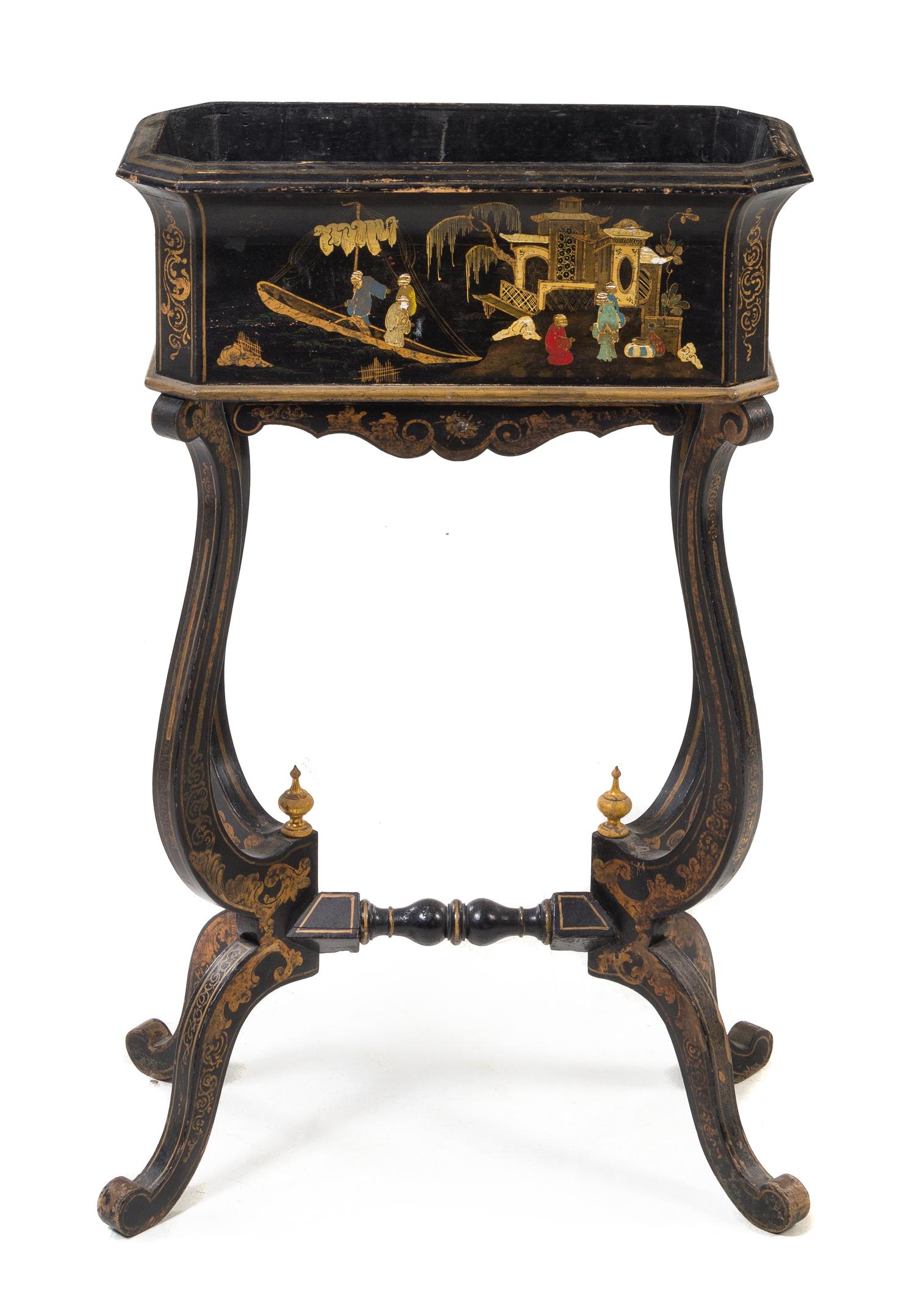 A Regency Style Ebonized and Parcel Gilt Jardiniere on Stand Height 32 1/4 x width 20 x depth 10 inches. — 19TH CENTURY