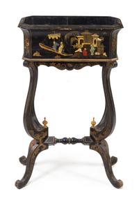 A Regency Style Ebonized and Parcel Gilt Jardiniere on Stand Height 32 1/4 x width 20 x depth 10 inches. — 19TH CENTURY