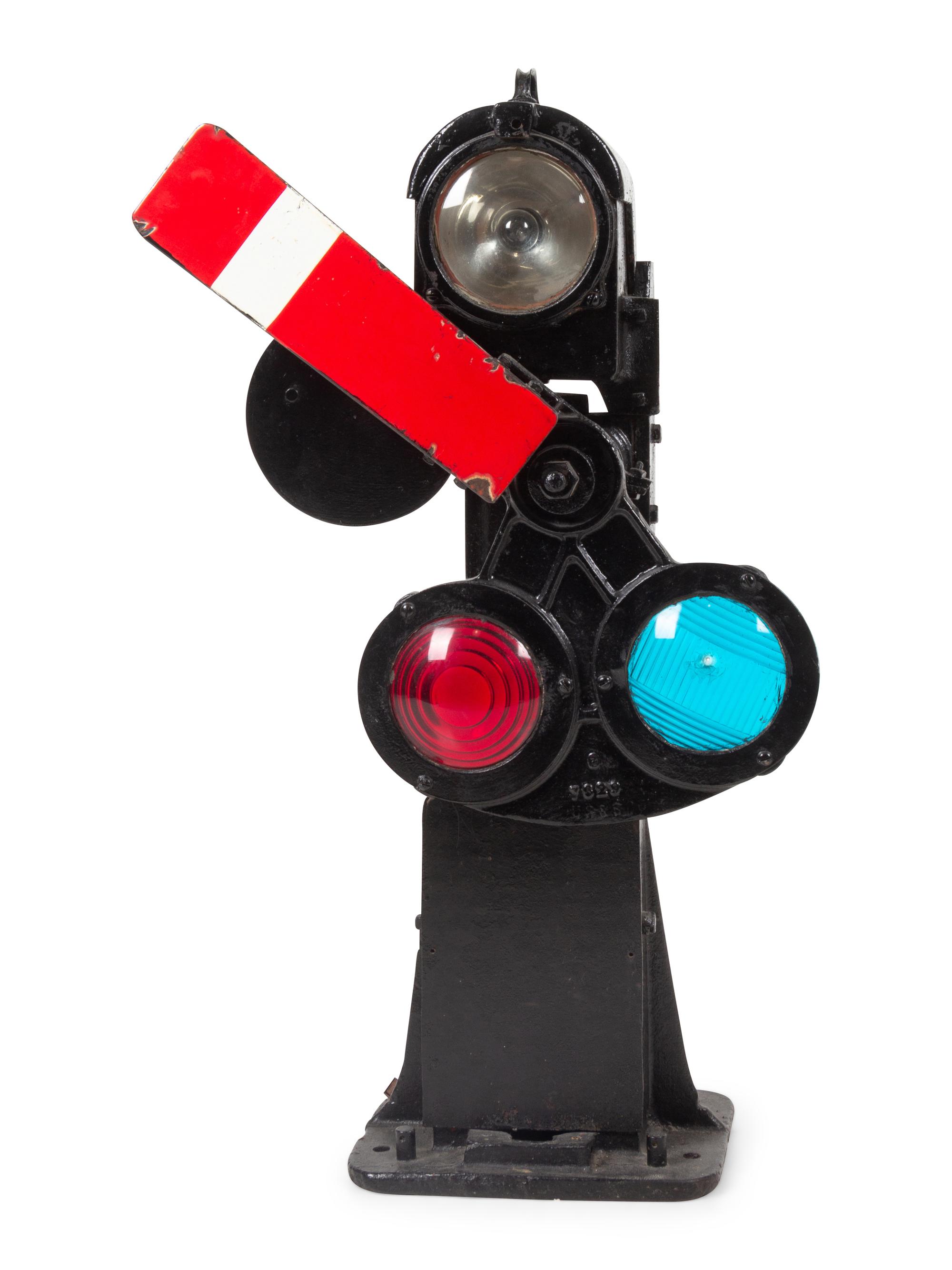 A Painted Metal Three-Light Railroad Switch Semiphore Signal