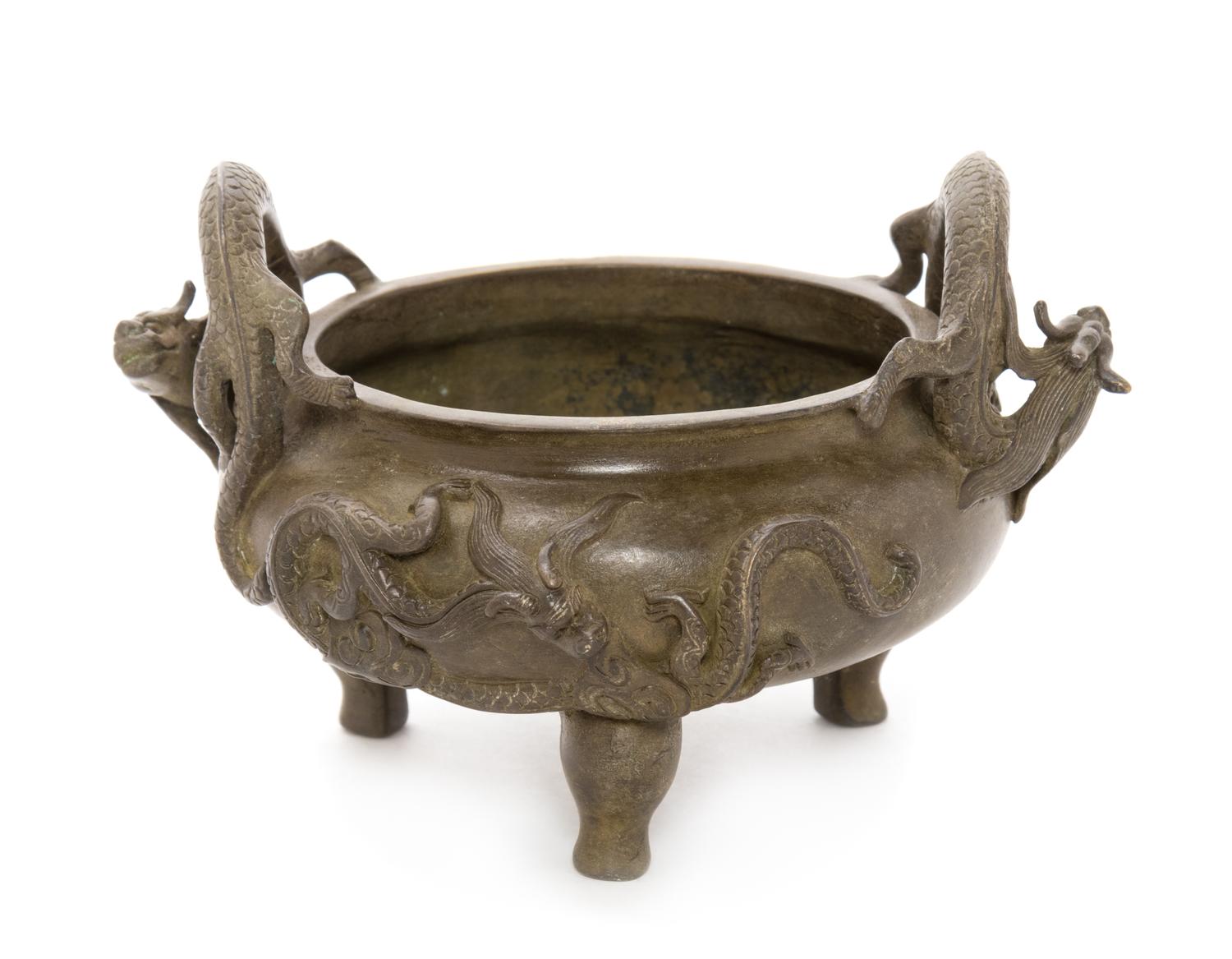 A Chinese Bronze Tripod Chilong Censer Height 4 inches. — 20TH CENTURY