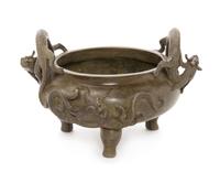 A Chinese Bronze Tripod Chilong Censer Height 4 inches. — 20TH CENTURY
