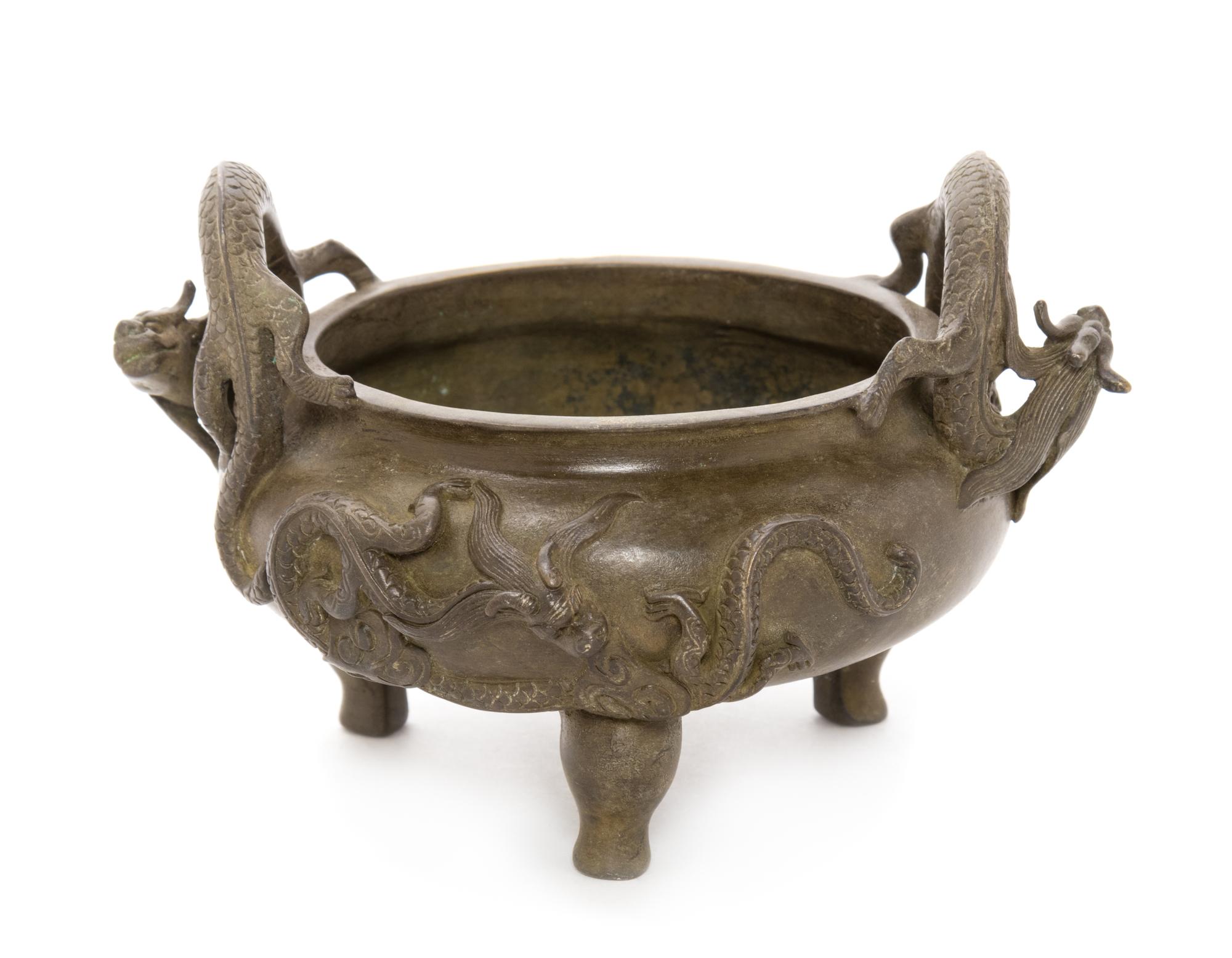 A Chinese Bronze Tripod Chilong Censer Height 4 inches. — 20TH CENTURY