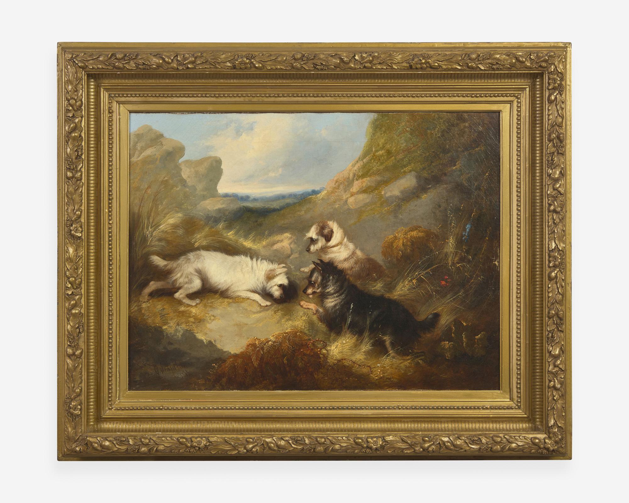 George Armfield (English, 1810-1893), A Pair: Dogs Chasing Prey in Landscapes , dated “1848”