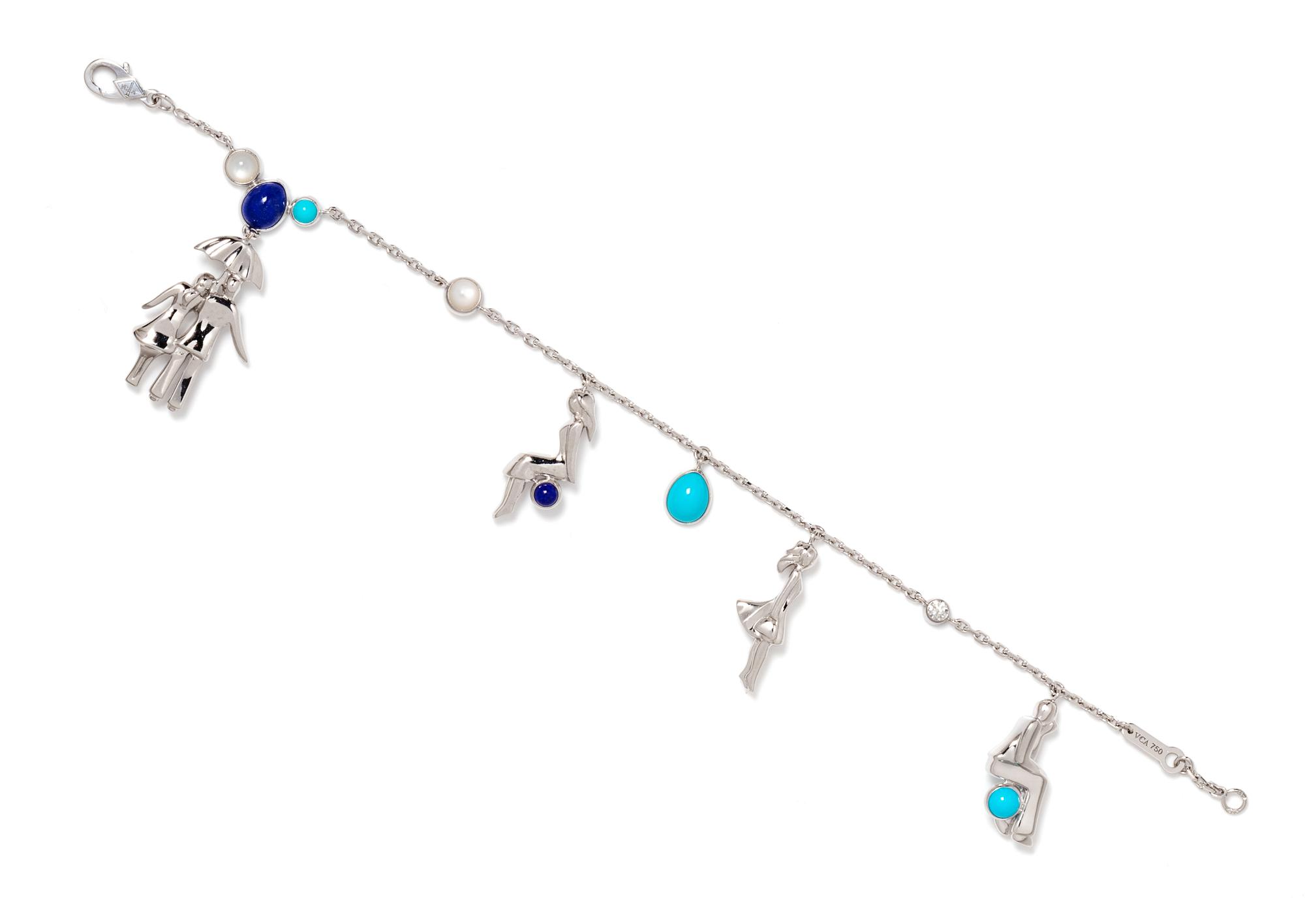 An 18 Karat White Gold, Diamond, Lapis Lazuli, Turquoise and Moonstone 'Romance A Paris' Charm Bracelet, Van Cleef & Arpels, 12.40 dwts