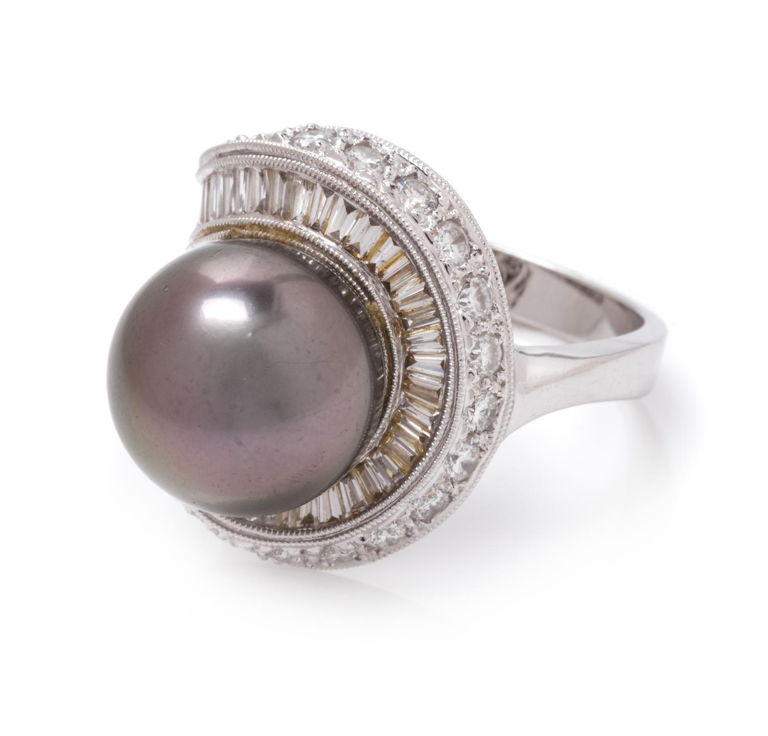 An 18 Karat White Gold, Cultured Tahitian Pearl and Diamond Ring,