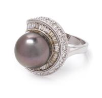 An 18 Karat White Gold, Cultured Tahitian Pearl and Diamond Ring,
